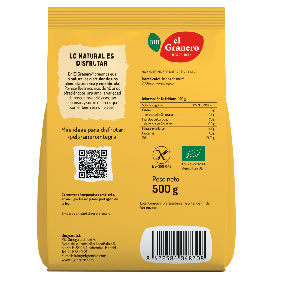 Glutenfri ekologisk majsmjöl El Granero 500 g