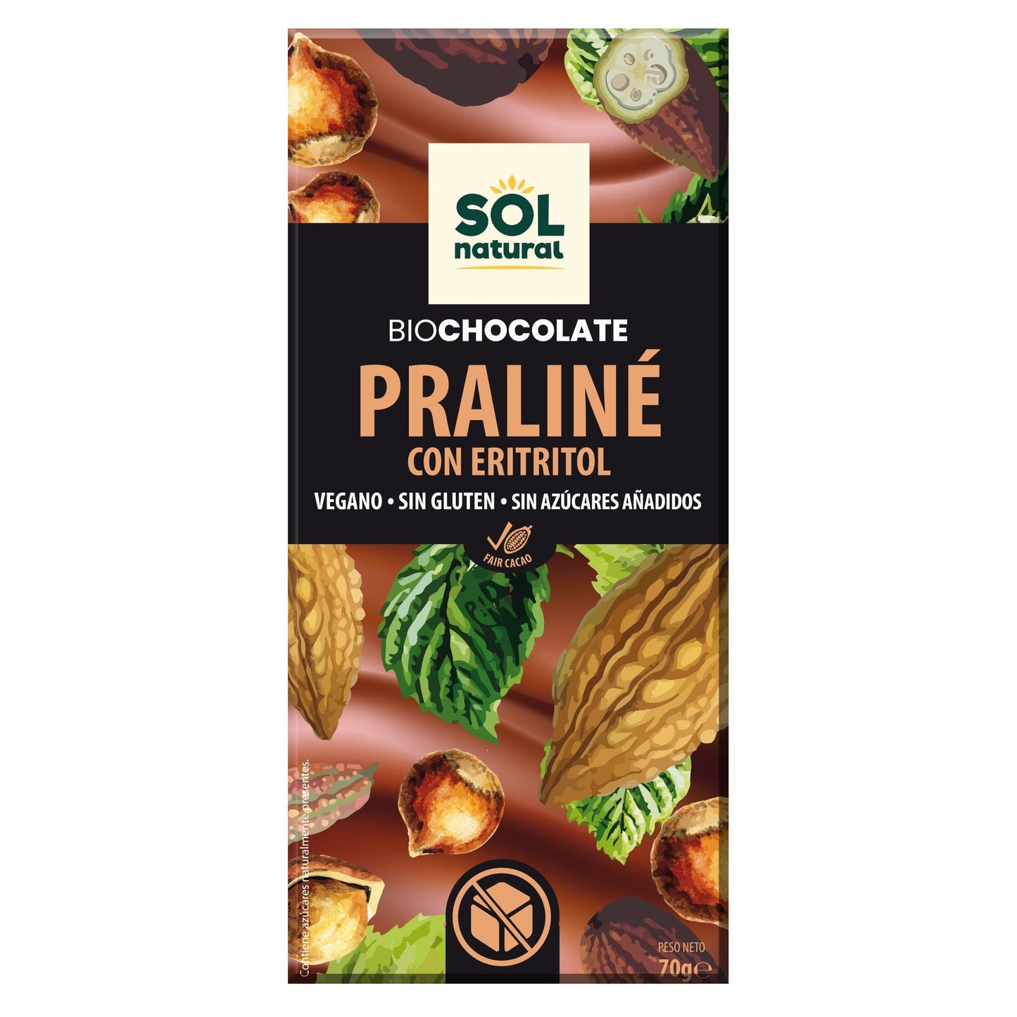 Praliné-chocoladetablet met erythritol Bio Sol Natural 70 g