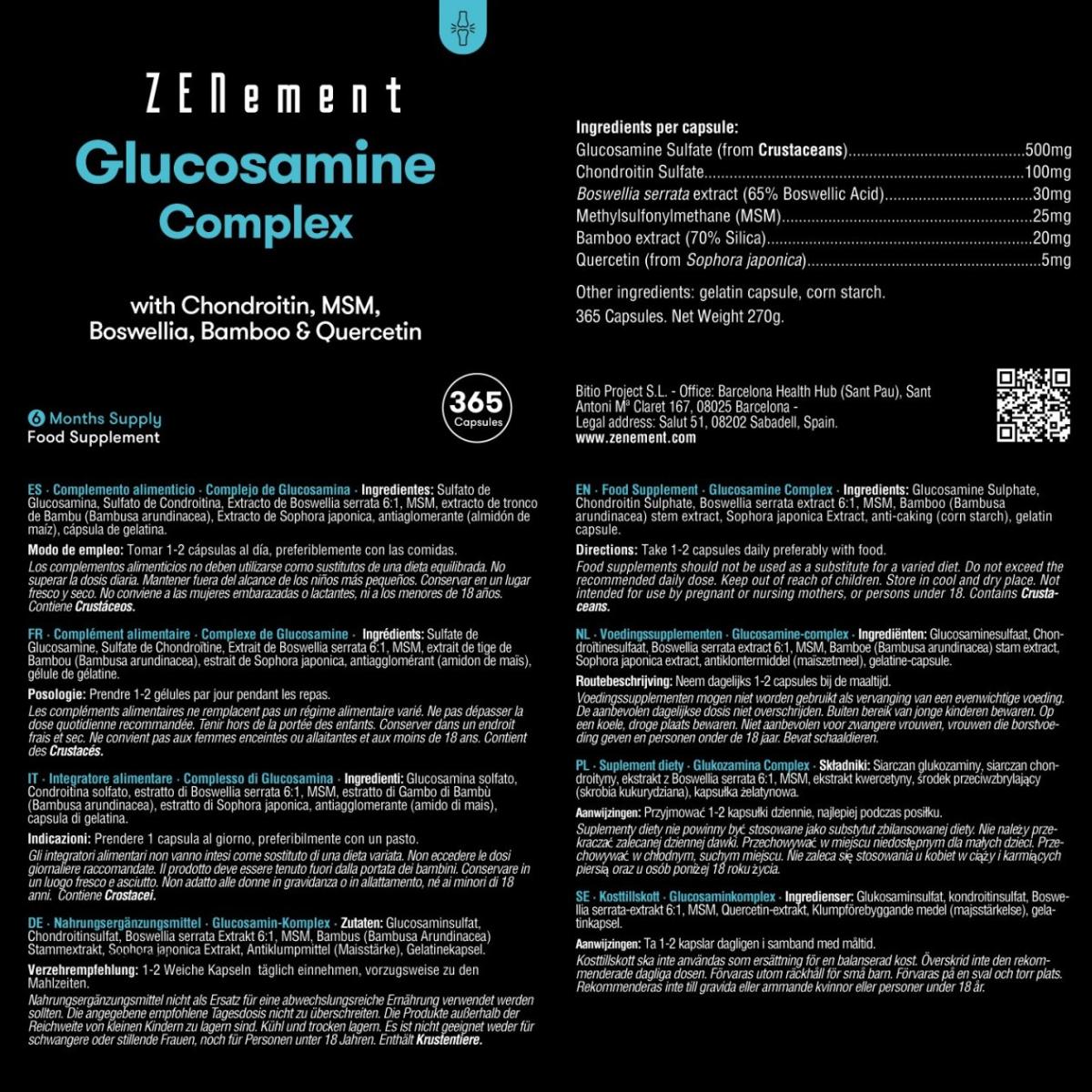 Glucosaminecomplex met chondroïtine + MSM + boswellia + quercetine Zenemet, 365 tabletten