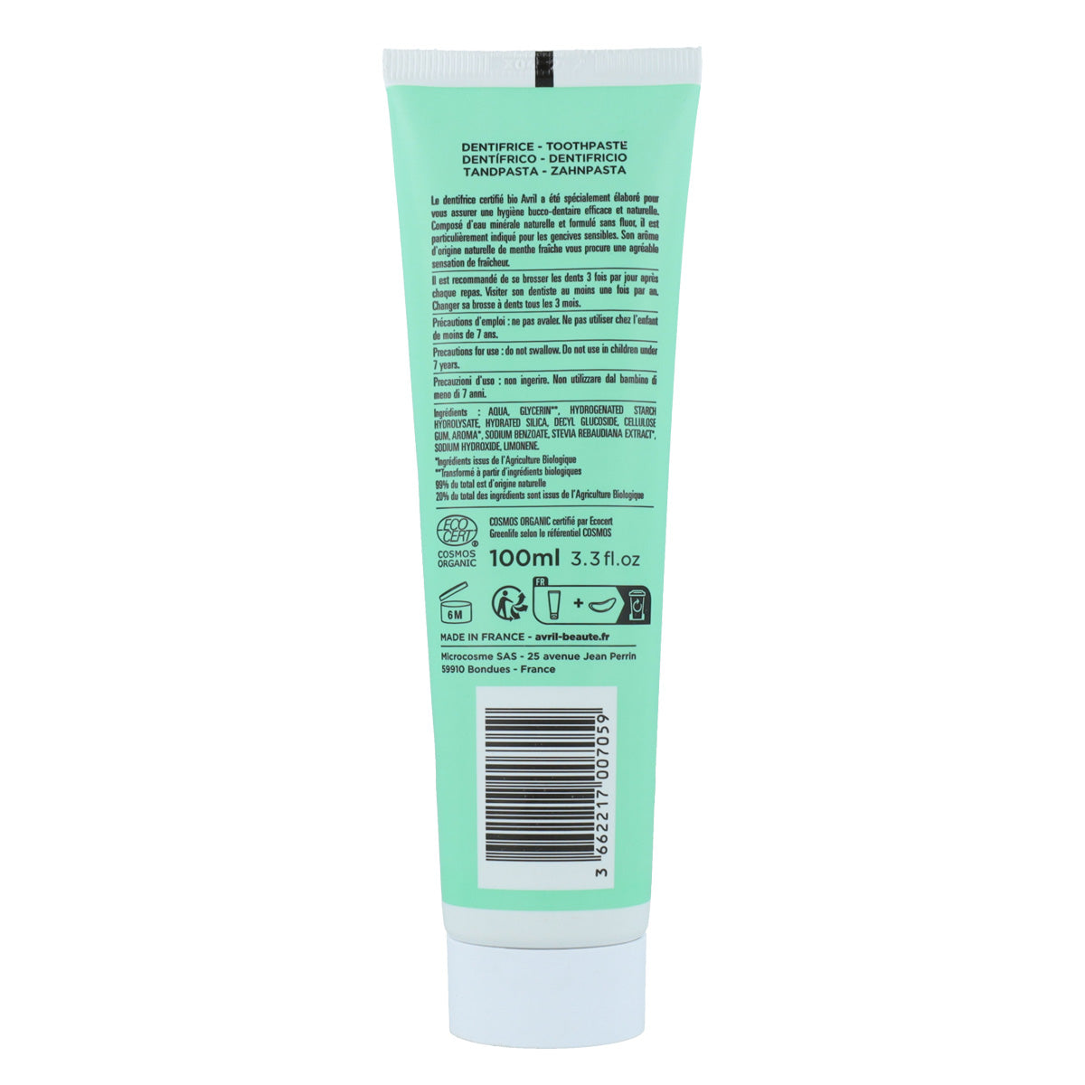 Dentifrice sans fluor à la menthe, Avril, 100 ml