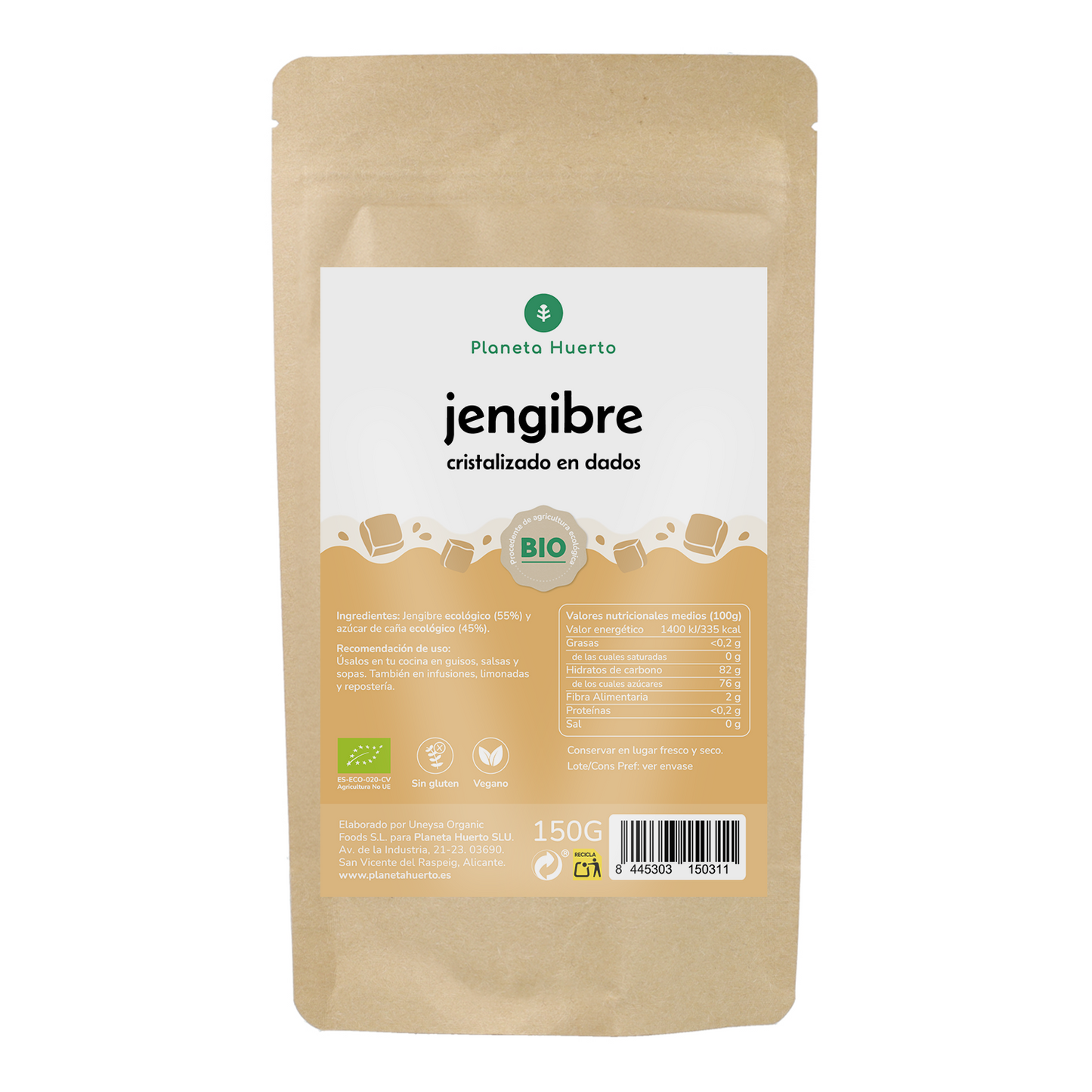 Organic crystallised ginger cubes Planeta Huerto 150 g