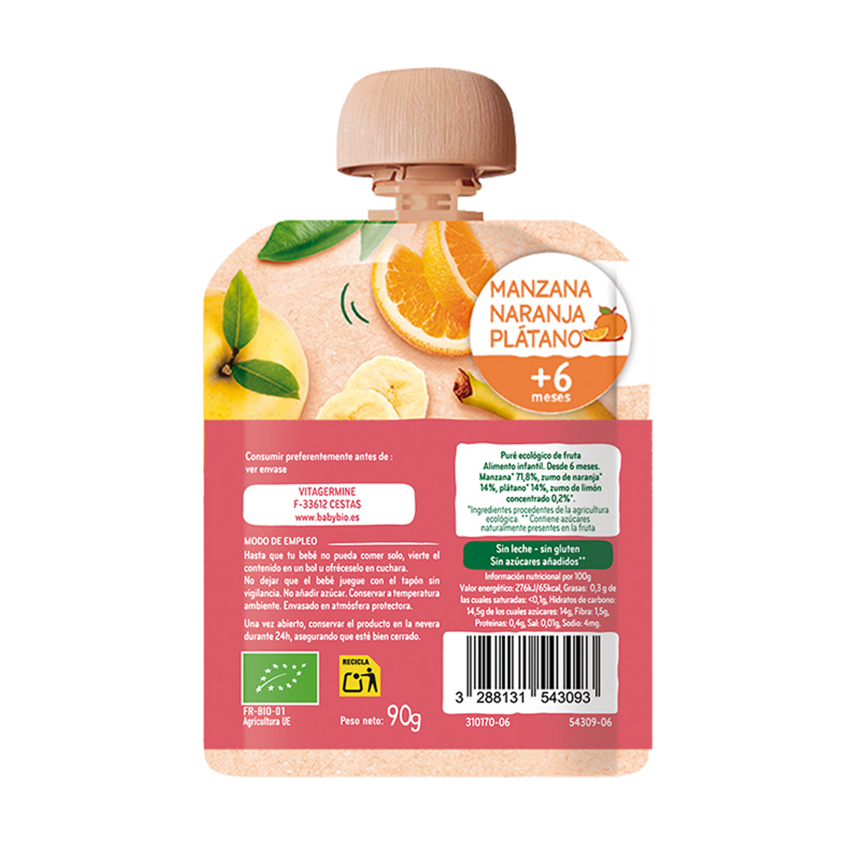 Pouch de Manzana, Naranja y Plátano (a partir de los 6 meses) BabyBio 90g