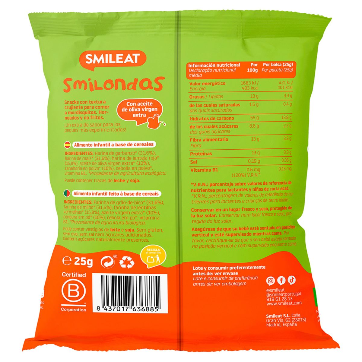 Smilondas Snack aus Mais, Kichererbsen, Linsen und Karotten Eco Smileat 25 g