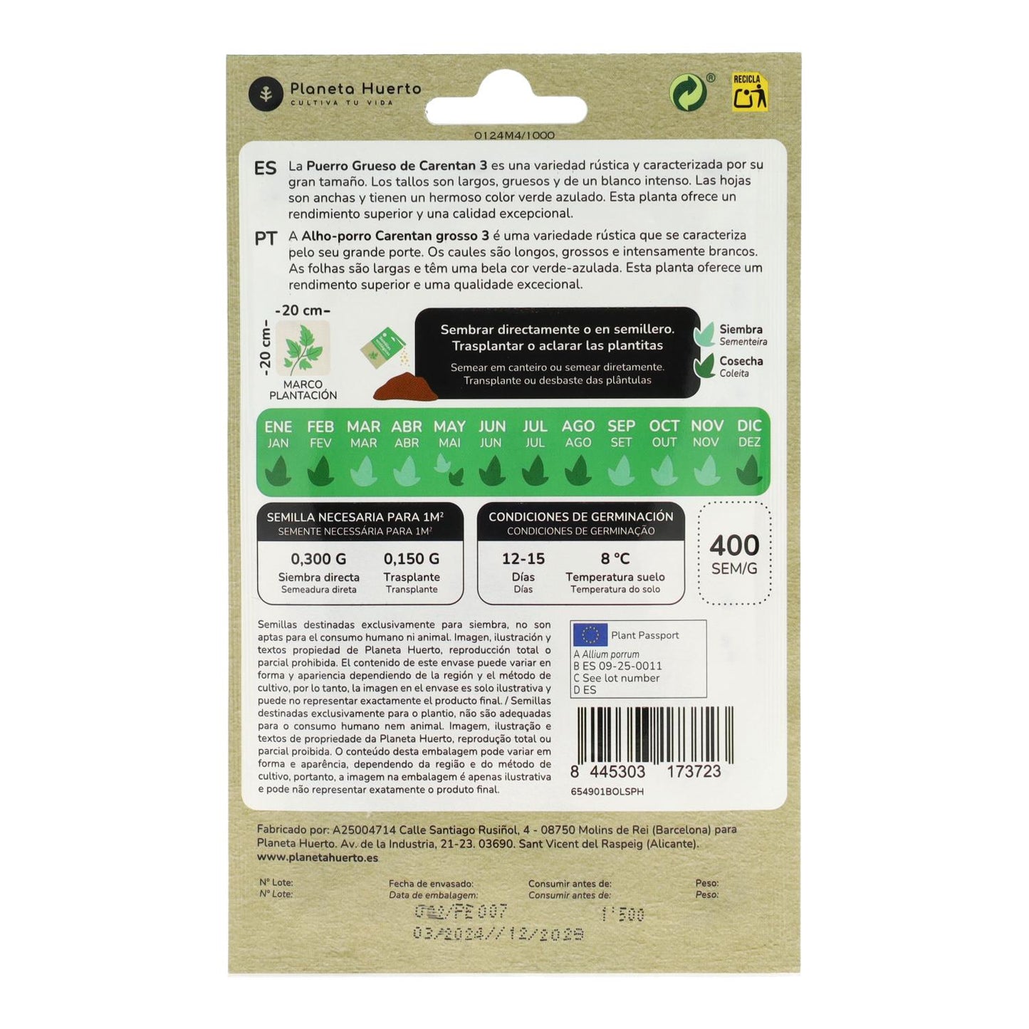 Biologische zaden van dikke Prei uit Carentan Planeta Huerto