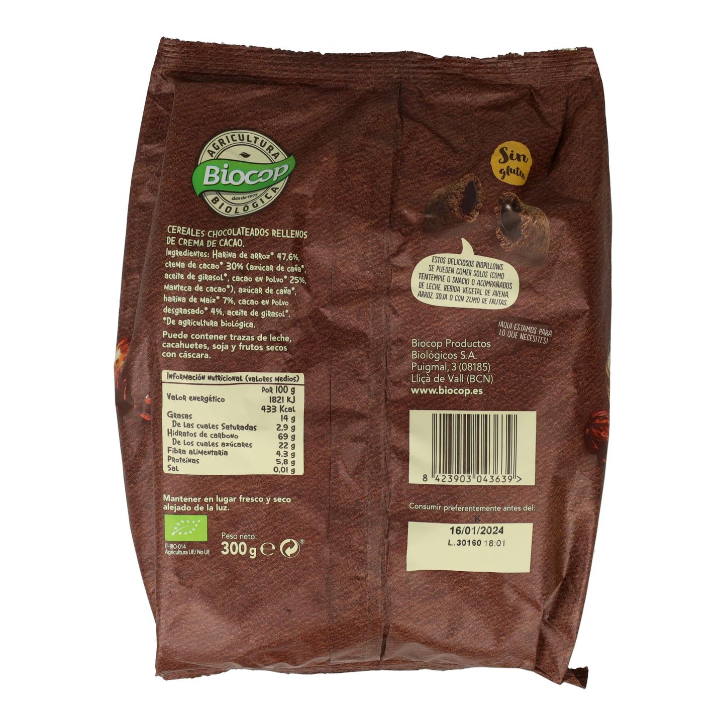 Biopillows Gluten-free Dark Chocolate-filled Cereals Biocop 300 g