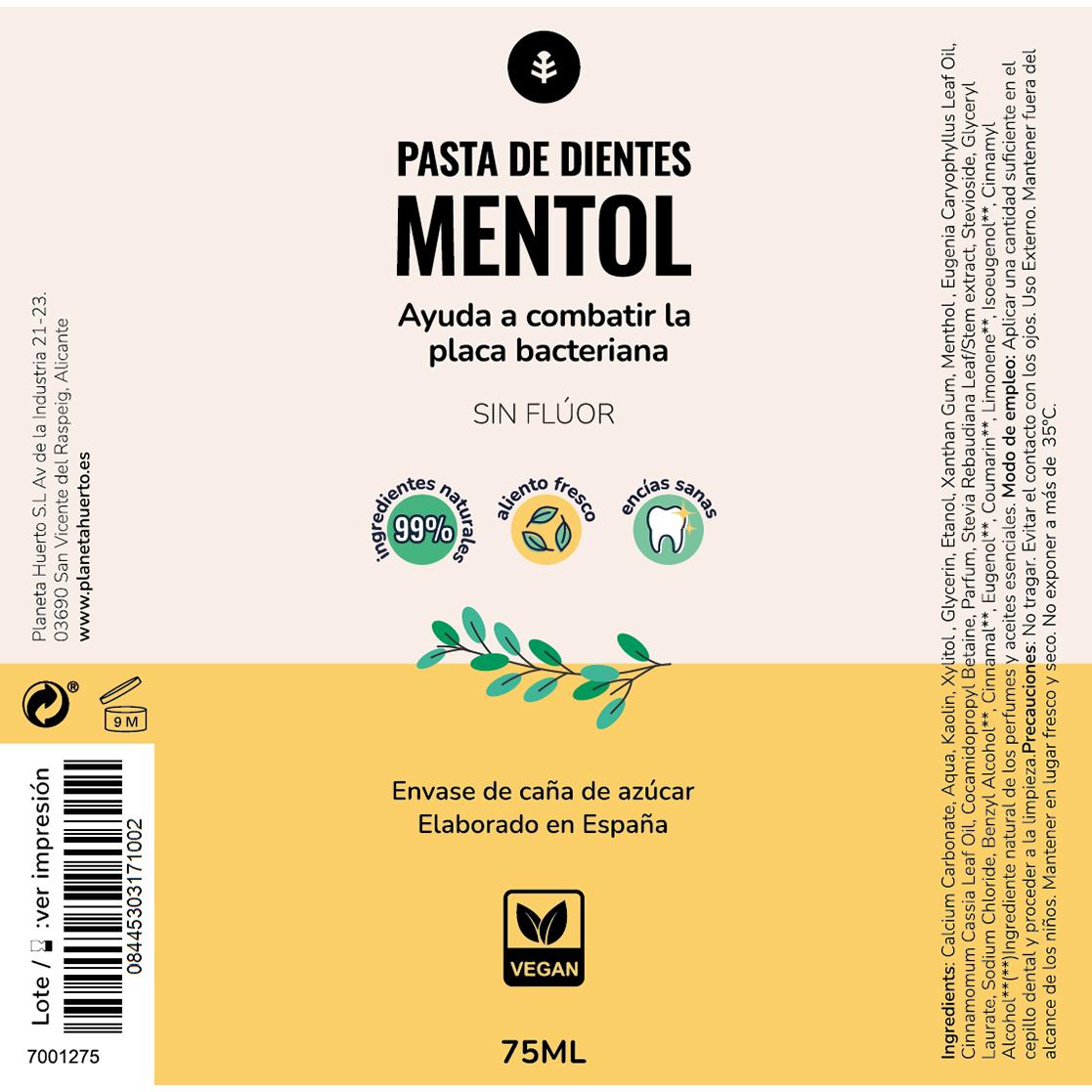 Toothpaste without fluoride Menthol Planeta Huerto 75 ml