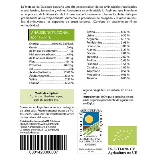 Proteine di piselli all'80% in polvere ECO 250 g, Salud Viva