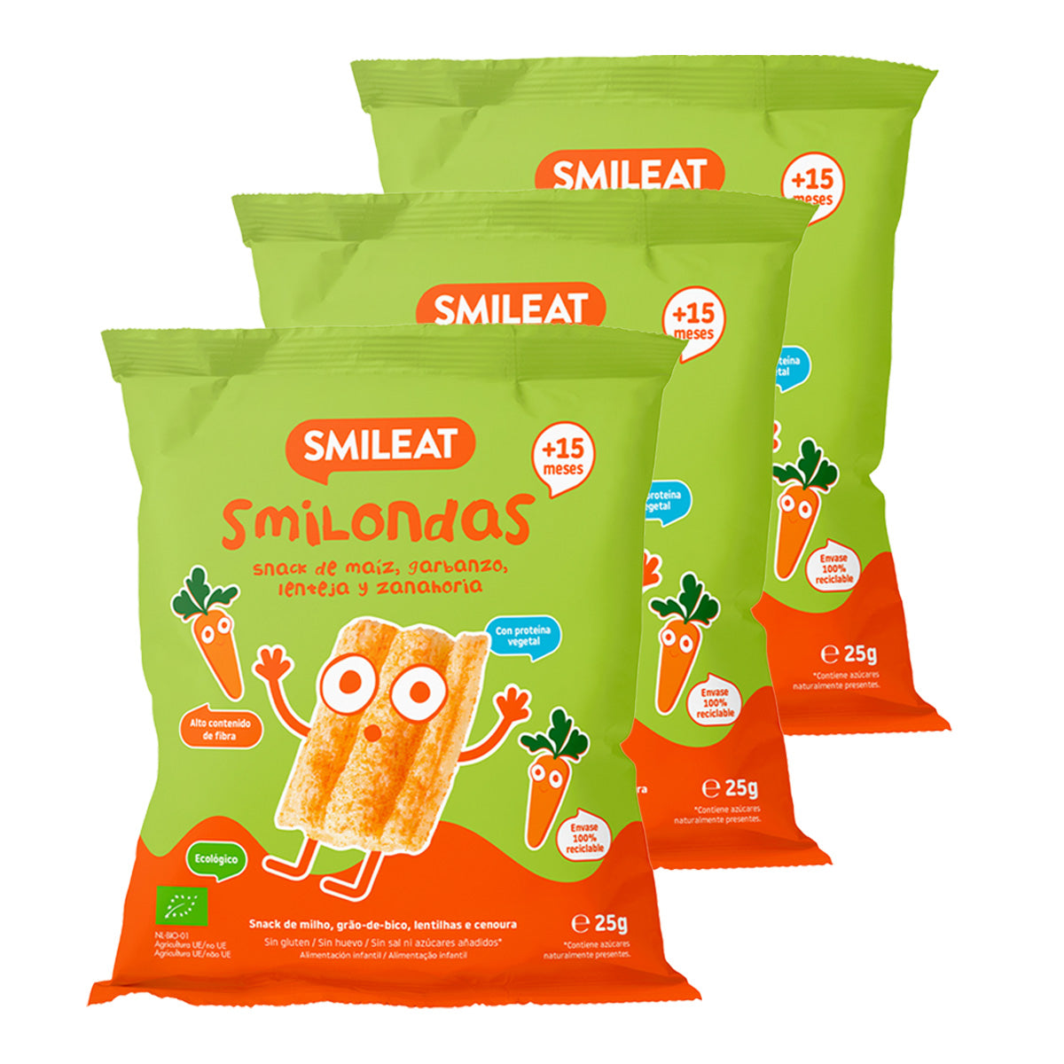 Pack of 3 Smilondas Organic Corn, Chickpea, Lentil and Carrot Snacks, Smileat, 25 g