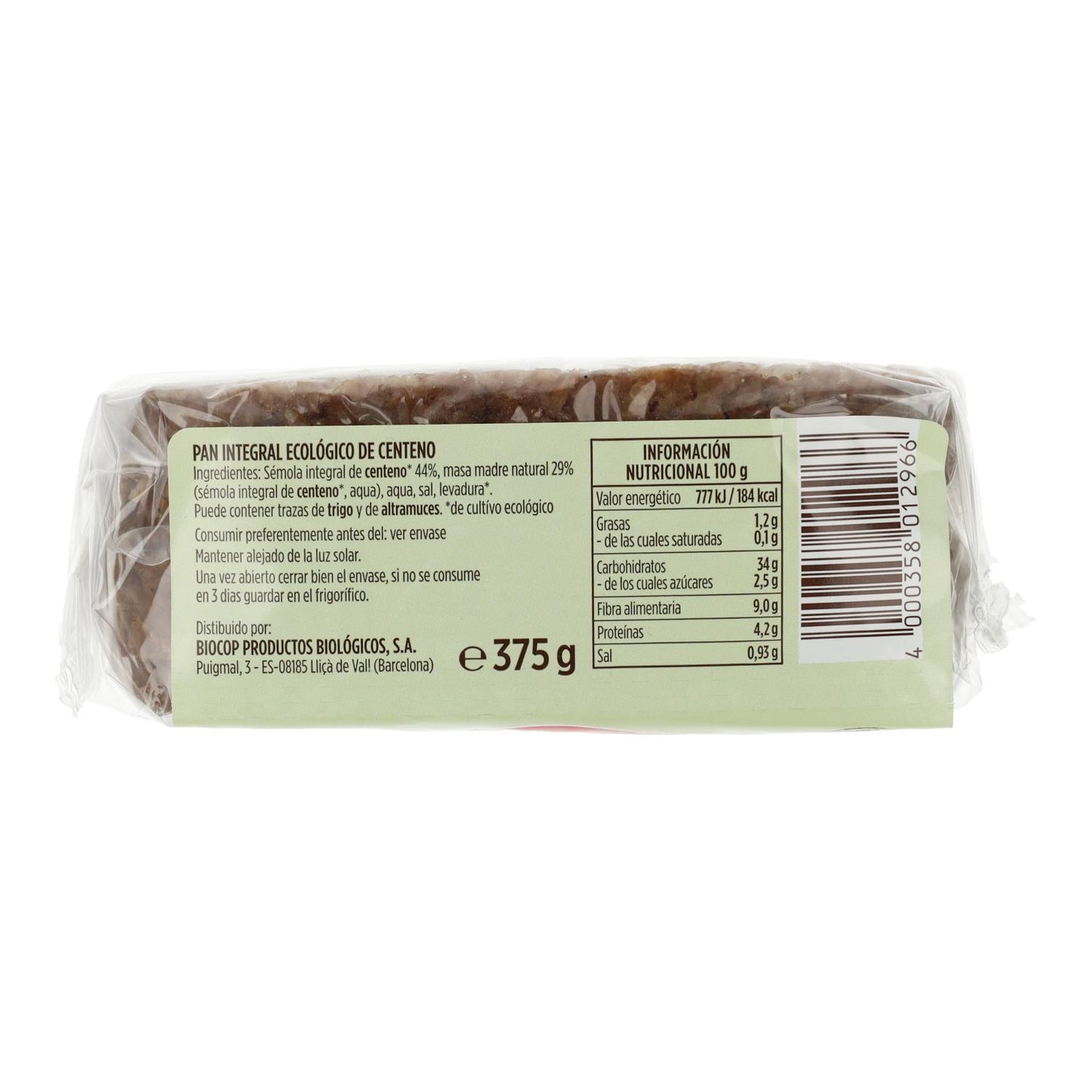 Pain complet au seigle biologique Pema 375 g