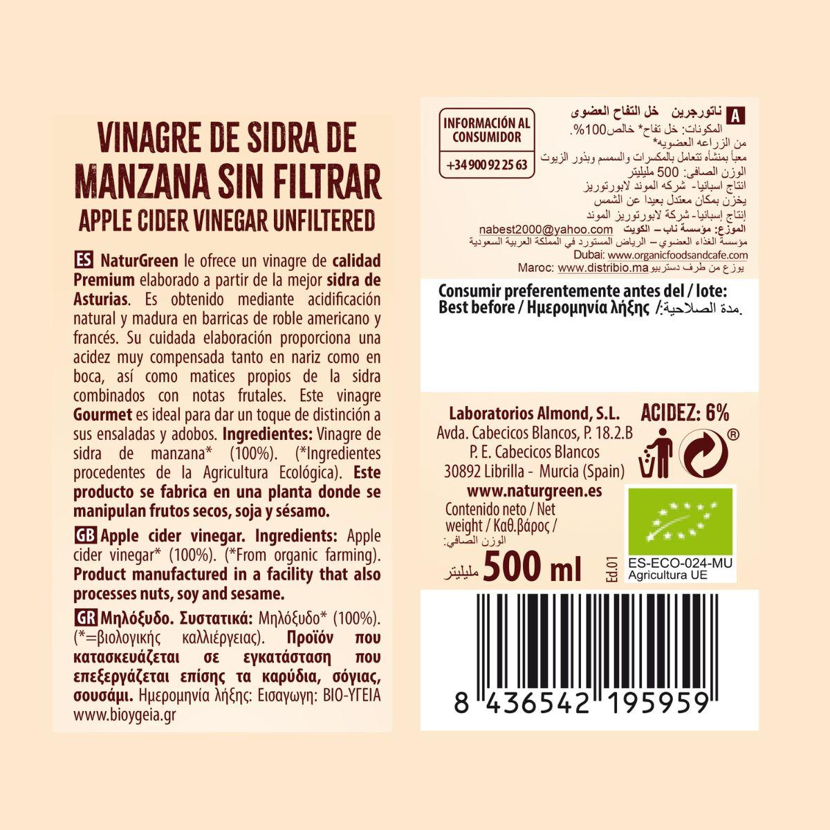 Lot de 6 bouteilles de vinaigre de cidre de pomme bio non filtré NaturGreen 500 ml