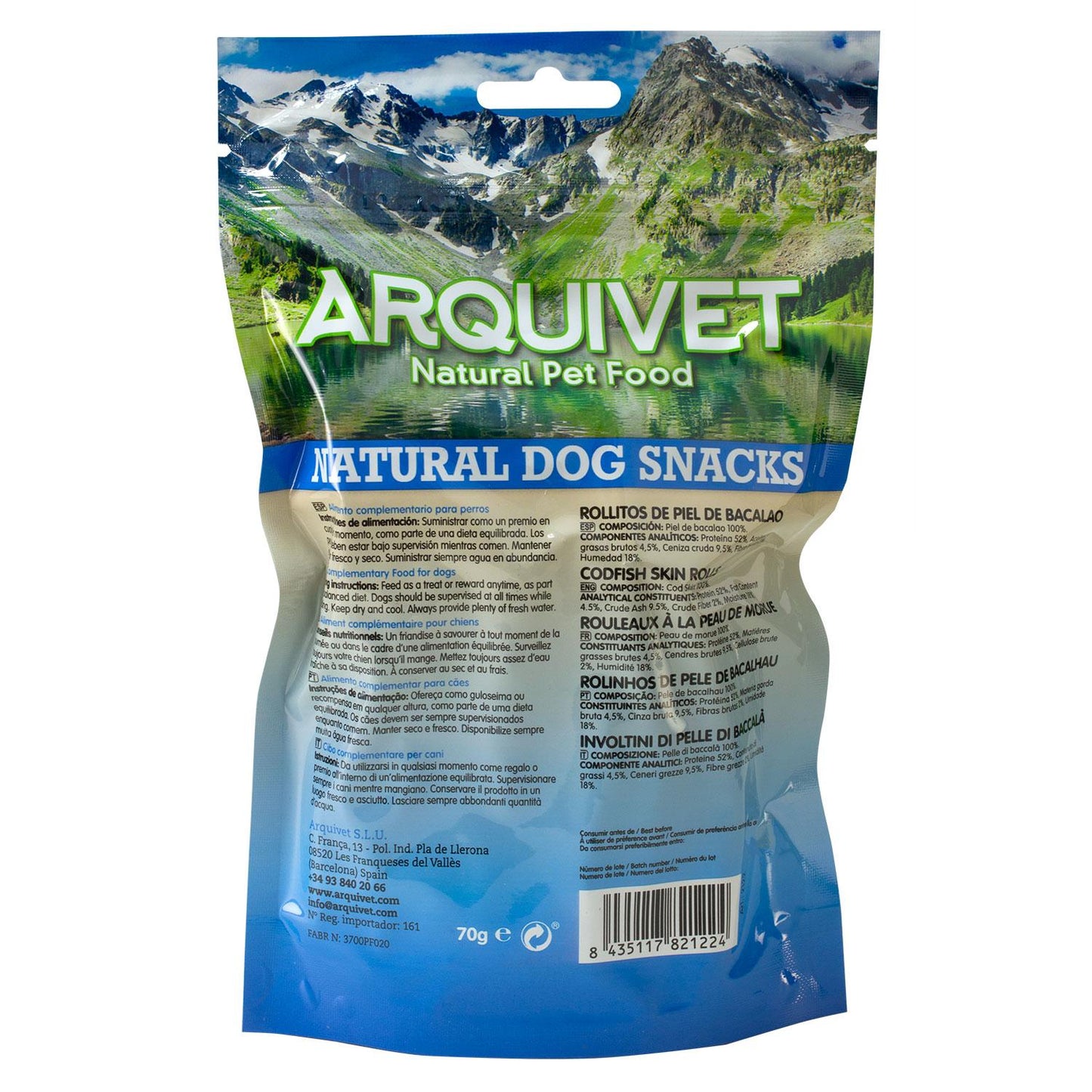 Snack naturel pour chiens Rouleaux de peau de morue Arquivet 70 g