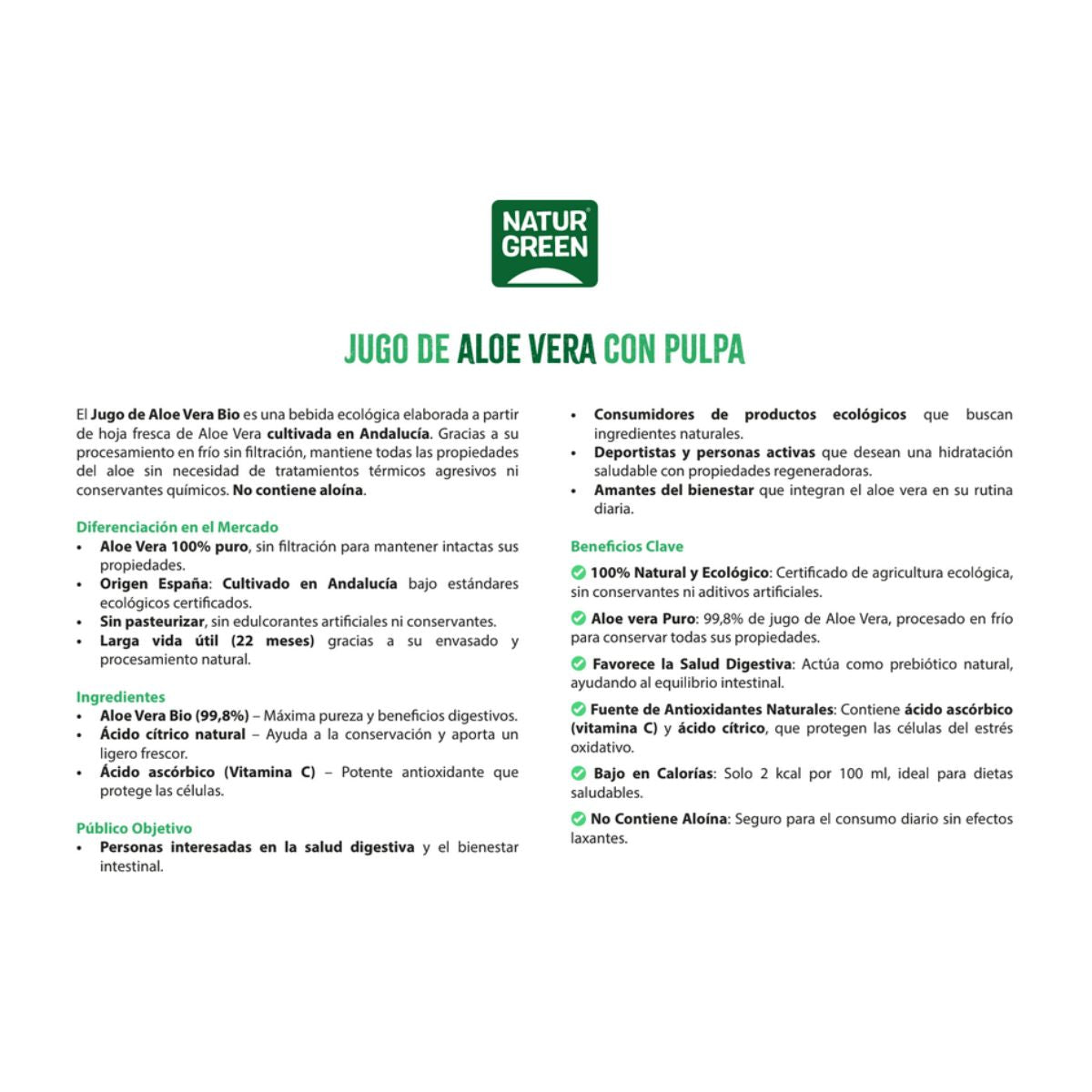 Jus d'aloe vera avec pulpe NaturGreen 1 L