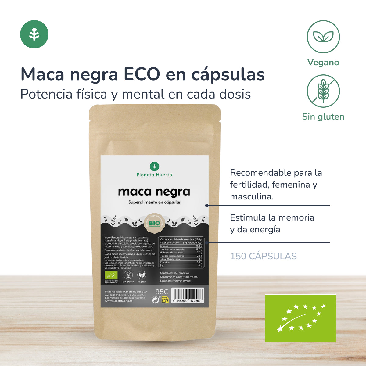 Ekologisk svart Maca Planeta Huerto 150 kapslar