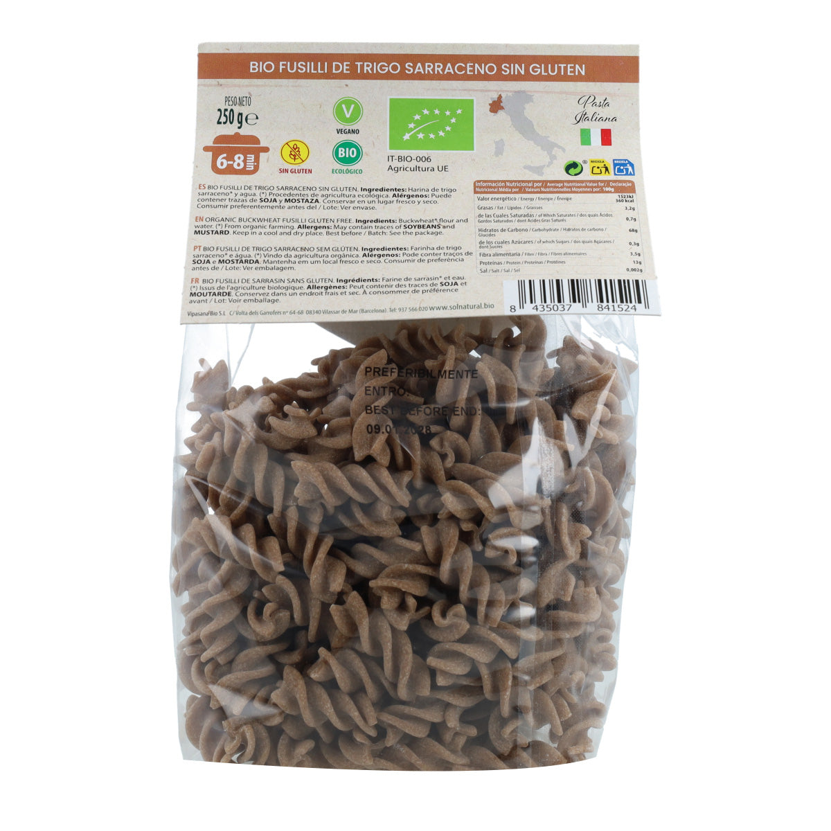 Glutenfreie Bio-Fusilli aus Buchweizen Sol Natural 250 g