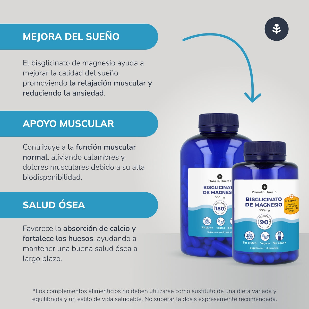 Pack 2xMagnesium Bisglycinate 500 mg Planeta Huerto 180 capsules
