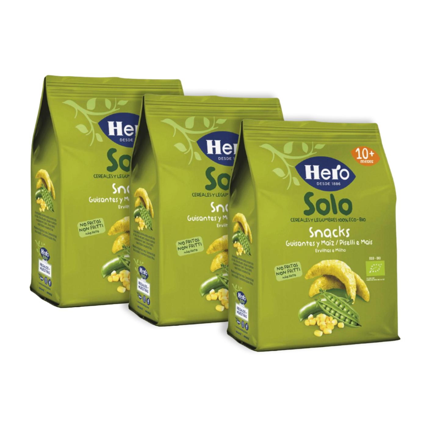 Pack of 3 Eco-Bio pea and corn snacks from 10 months, 40 g bag - Hero Solo