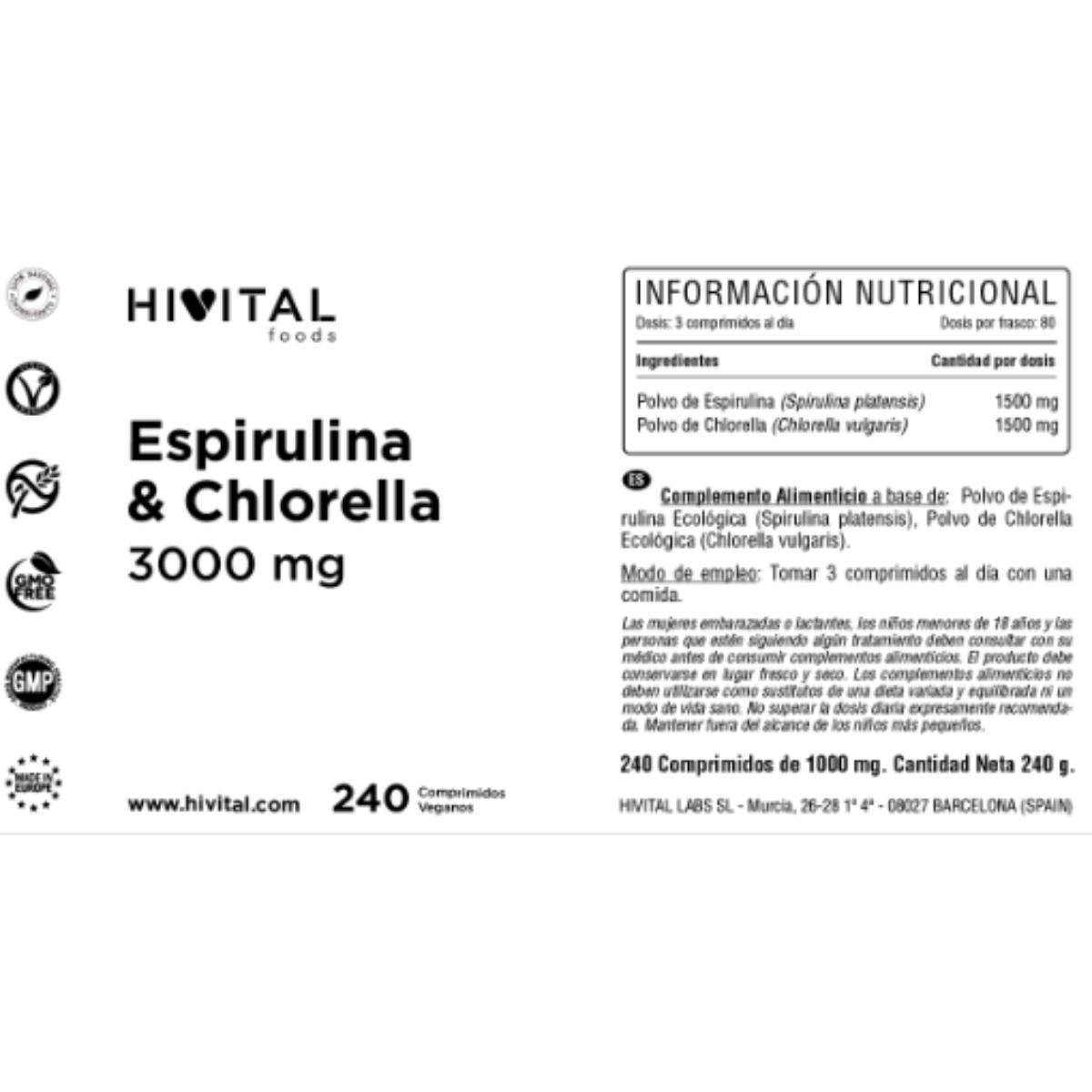 Espirulina y Chlorella 3000 mg 240 comprimidos veganos