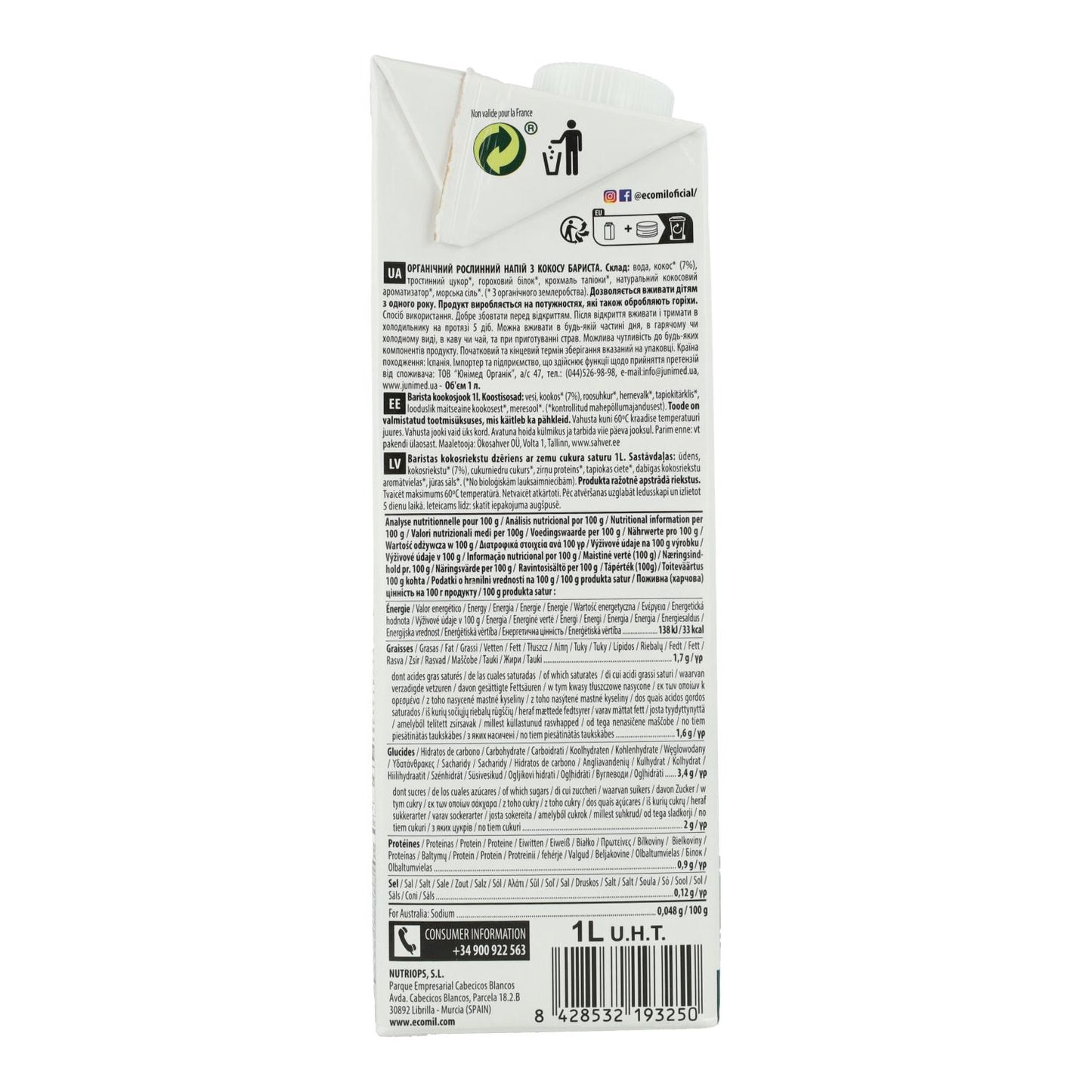 6er-Packung Barista BIO EcoMil 1L Kokosnuss-Pflanzengetränk