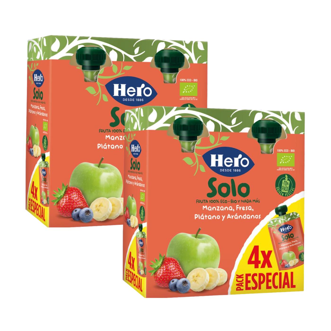Pack of 2 x 100% Eco Fruit Pouches in Apple, Strawberry, Banana and Blueberry flavours 4x100 g-Hero Solo
