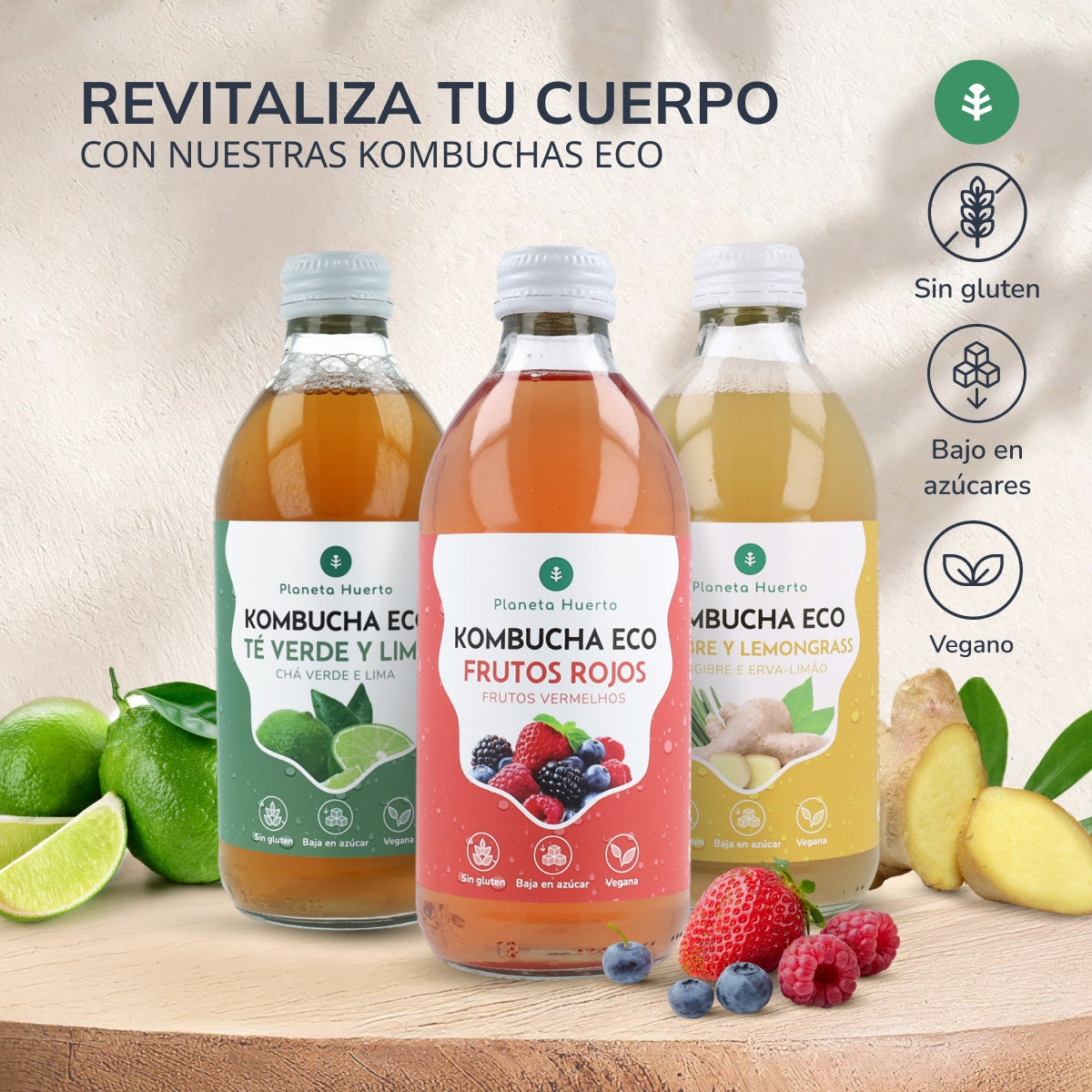 Pakje 6x Kombucha ECO Frutos rojos Planeta Huerto 330 ml