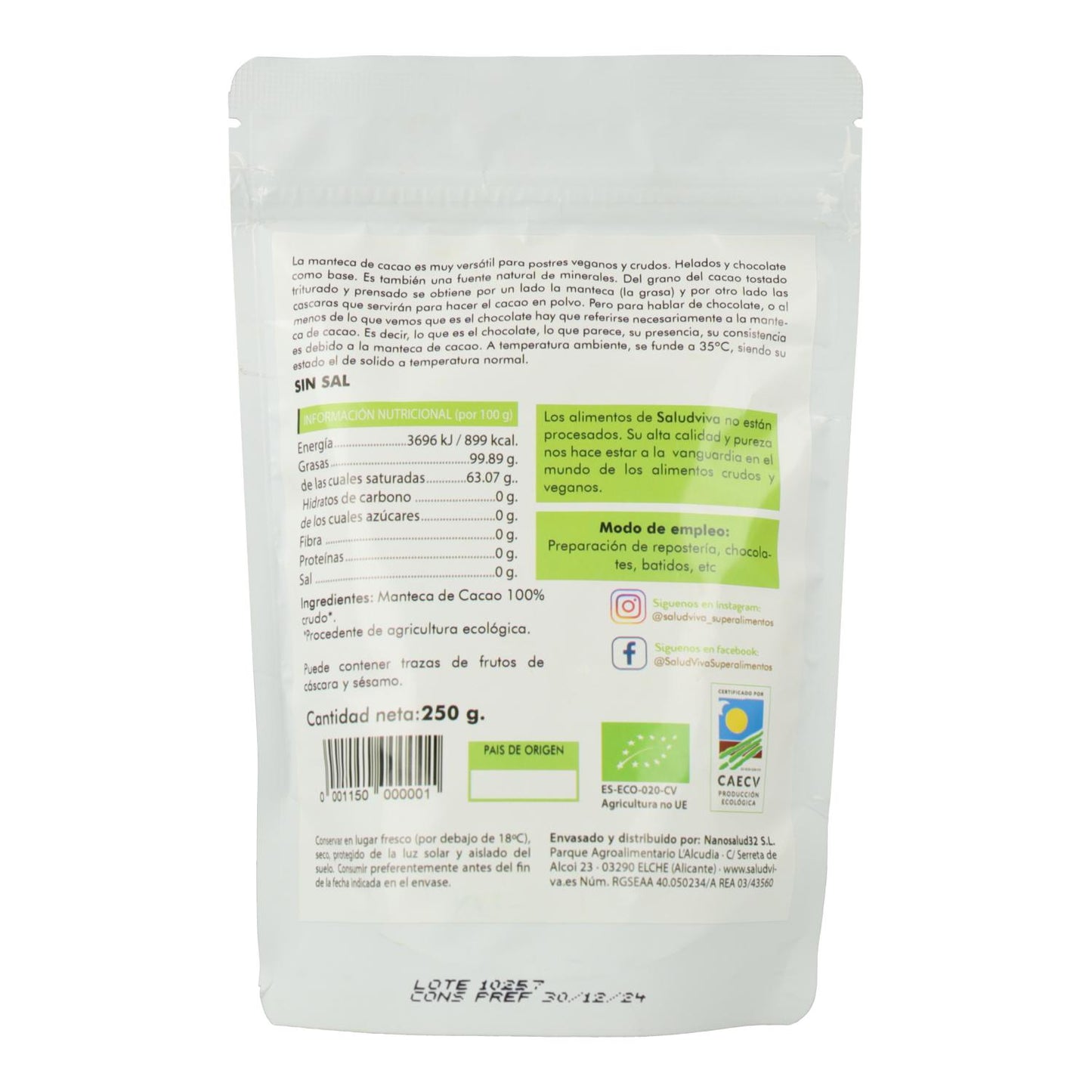 ECO Cocoa Butter Wafers 250 g, Salud Viva