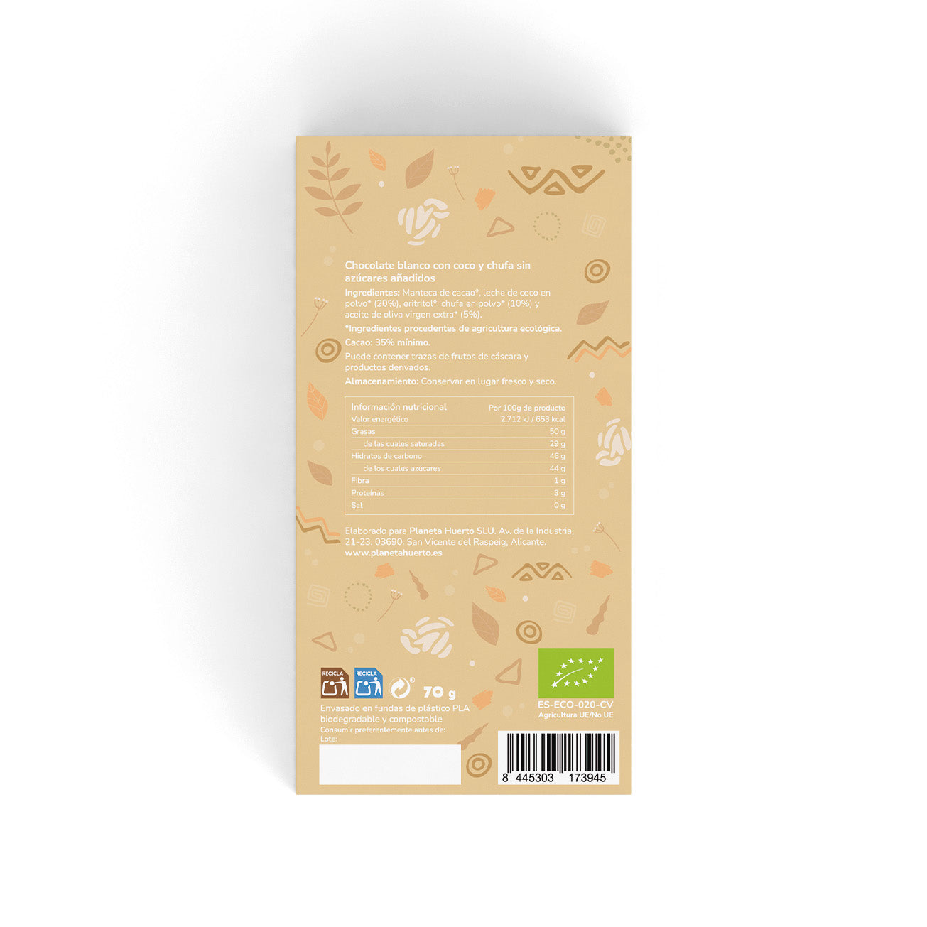 Tablette de chocolat blanc végétalien 35% sans sucres ajoutés Planeta Huerto 70 g