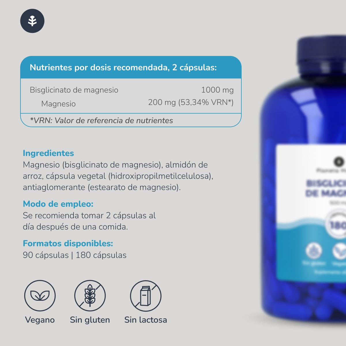 Pack 2xMagnesium Bisglycinate 500 mg Planeta Huerto 180 capsules