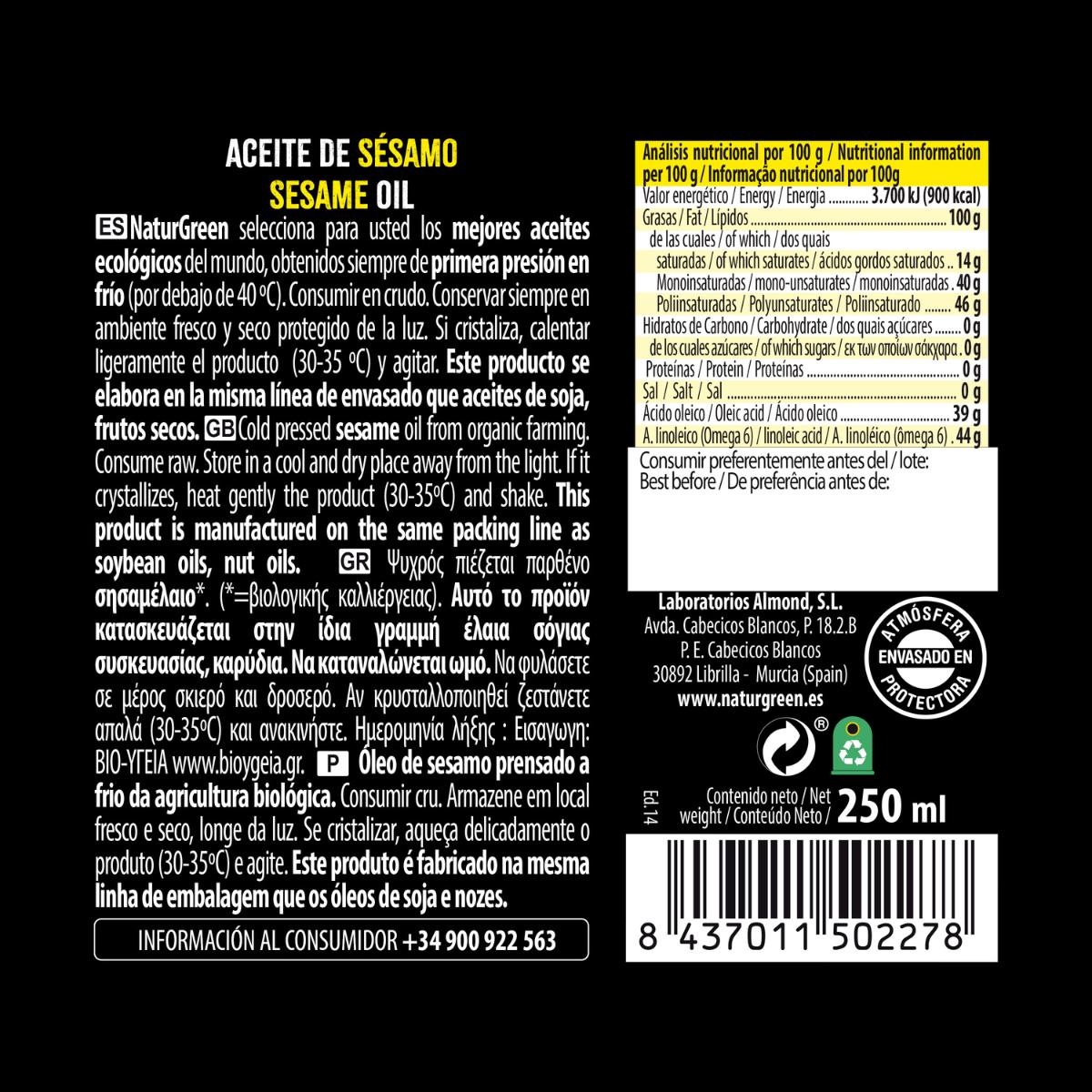 Olio di sesamo biologico NaturGreen. 500 ml