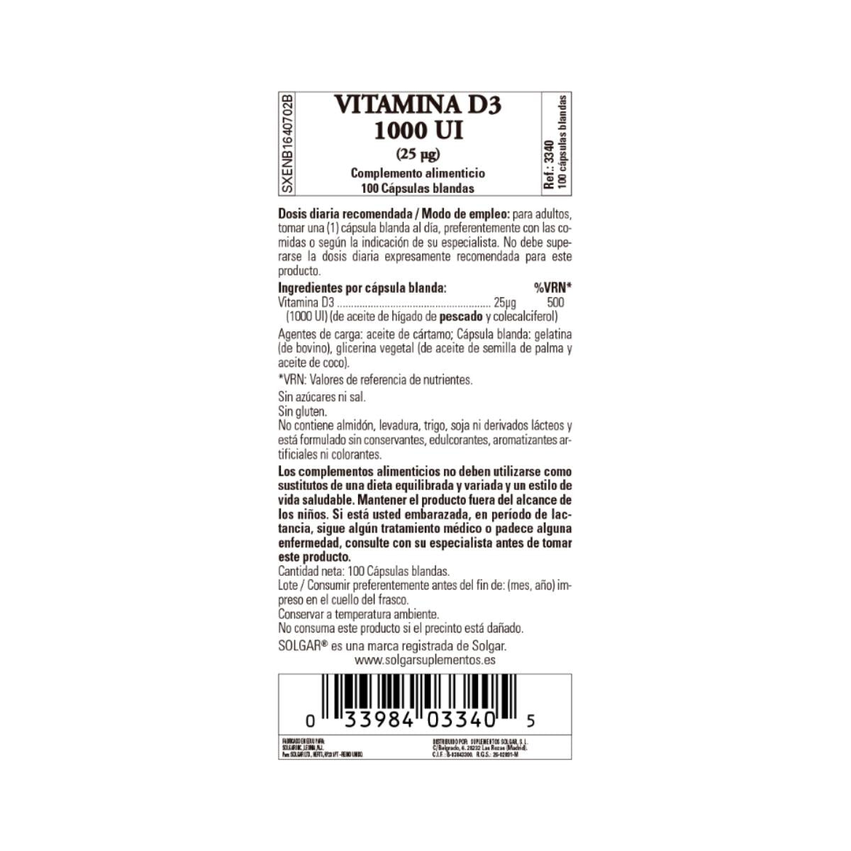 Vitamine D3 1000 UI, 100 perles de 25 μg