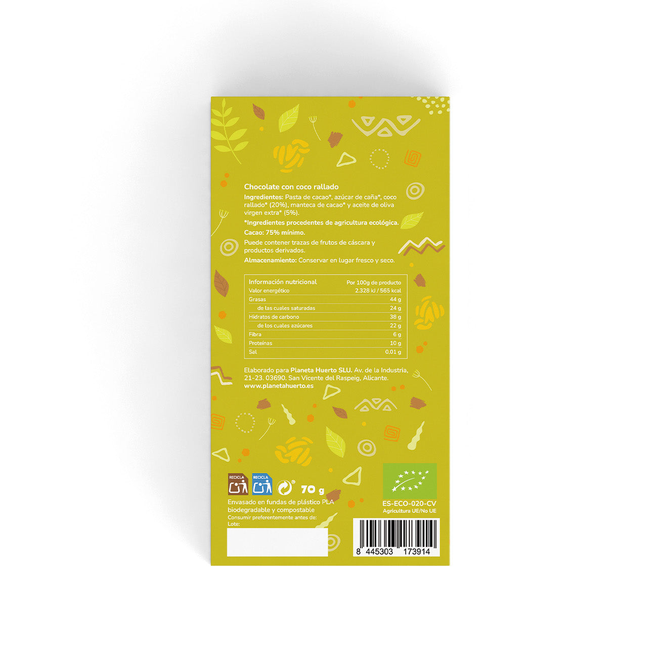 75% chocoladereep met geraspte kokos ECO Planeta Huerto 70 g