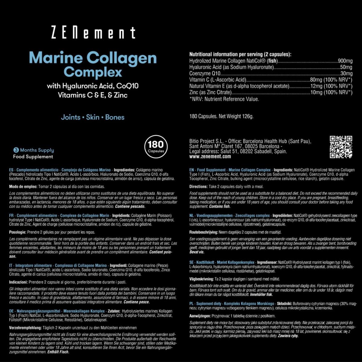 Marine collagen complex with hyaluronic acid, CoQ10, vitamins C & E and zinc Zenement, 180 tablets