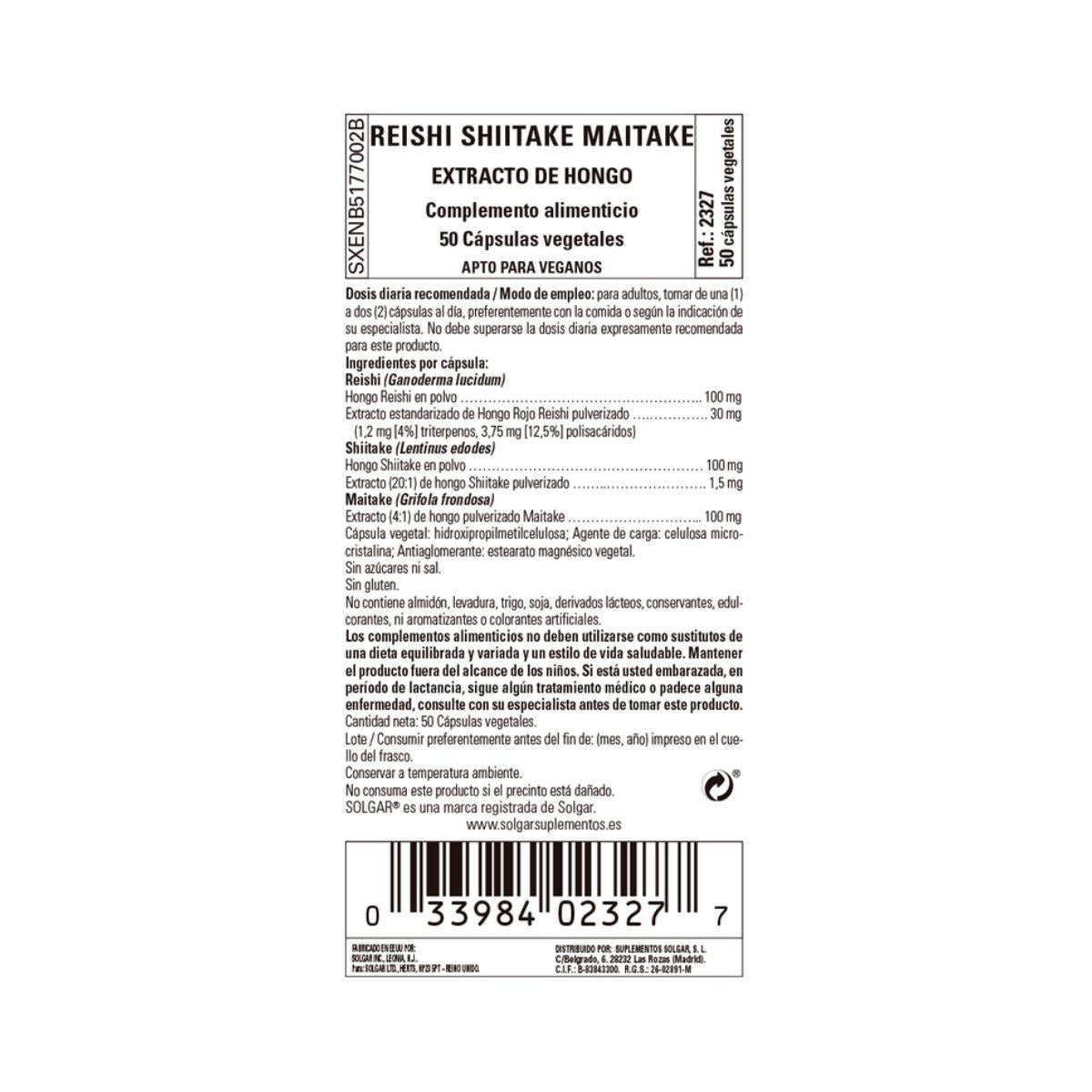 Reishi Shiitake Maitake Solgar 50 plantaardige capsules