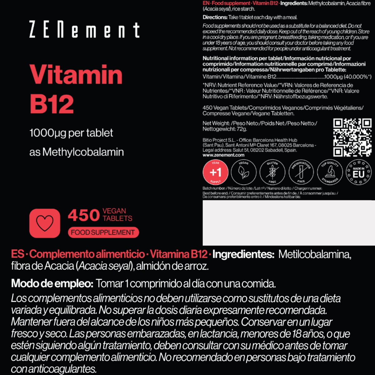 Vitamine B12 1000 mcg Zenement 450 comprimés végétaliens