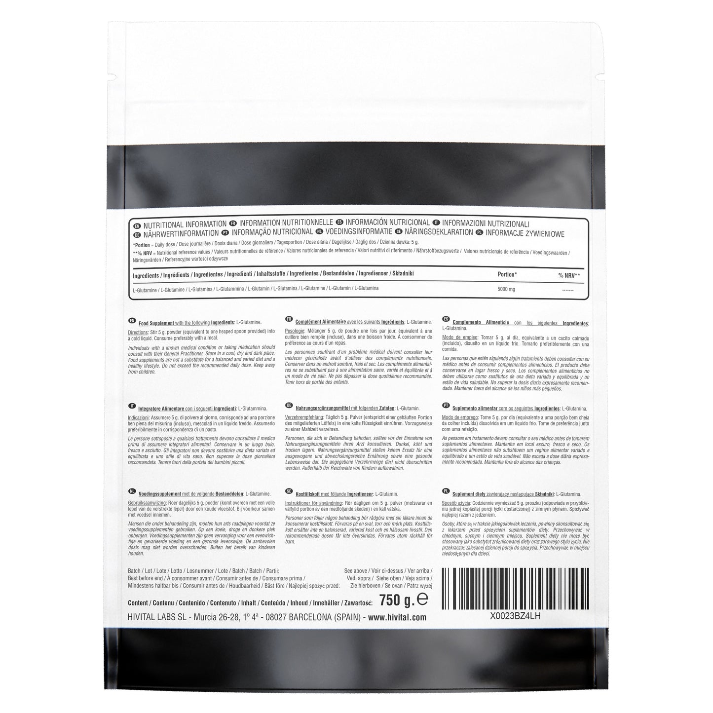 Hivital L-Glutamine 5000 mg 750 g vegan powder