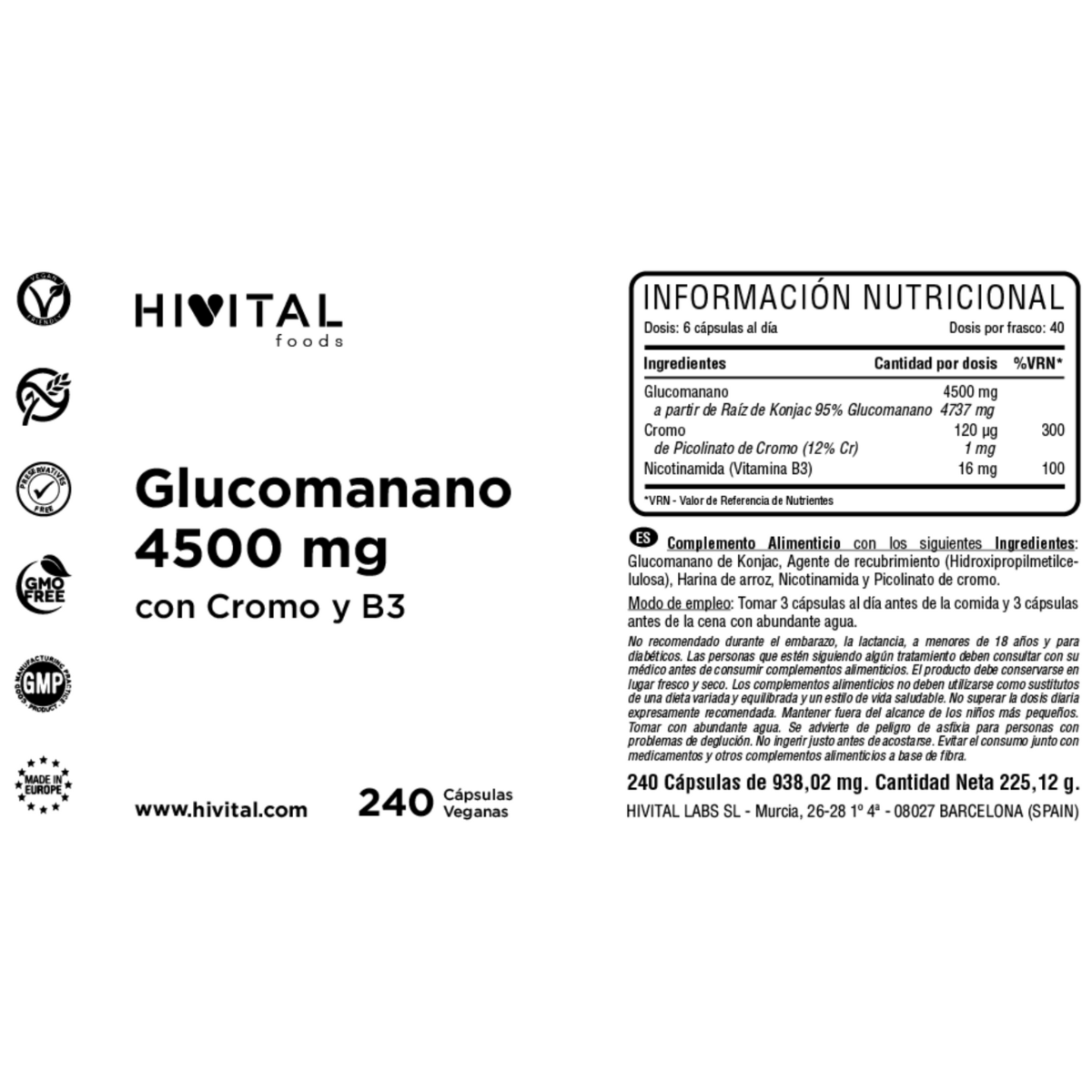 Glucomannano 4500 mg Hivital 240 capsule vegane