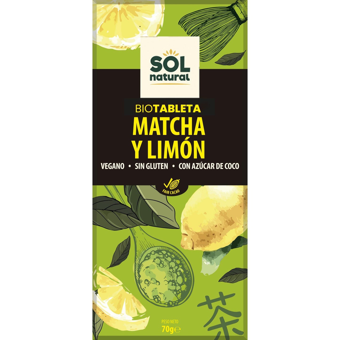 Organic Matcha and Lemon Chocolate Bar Sol Natural 70 g