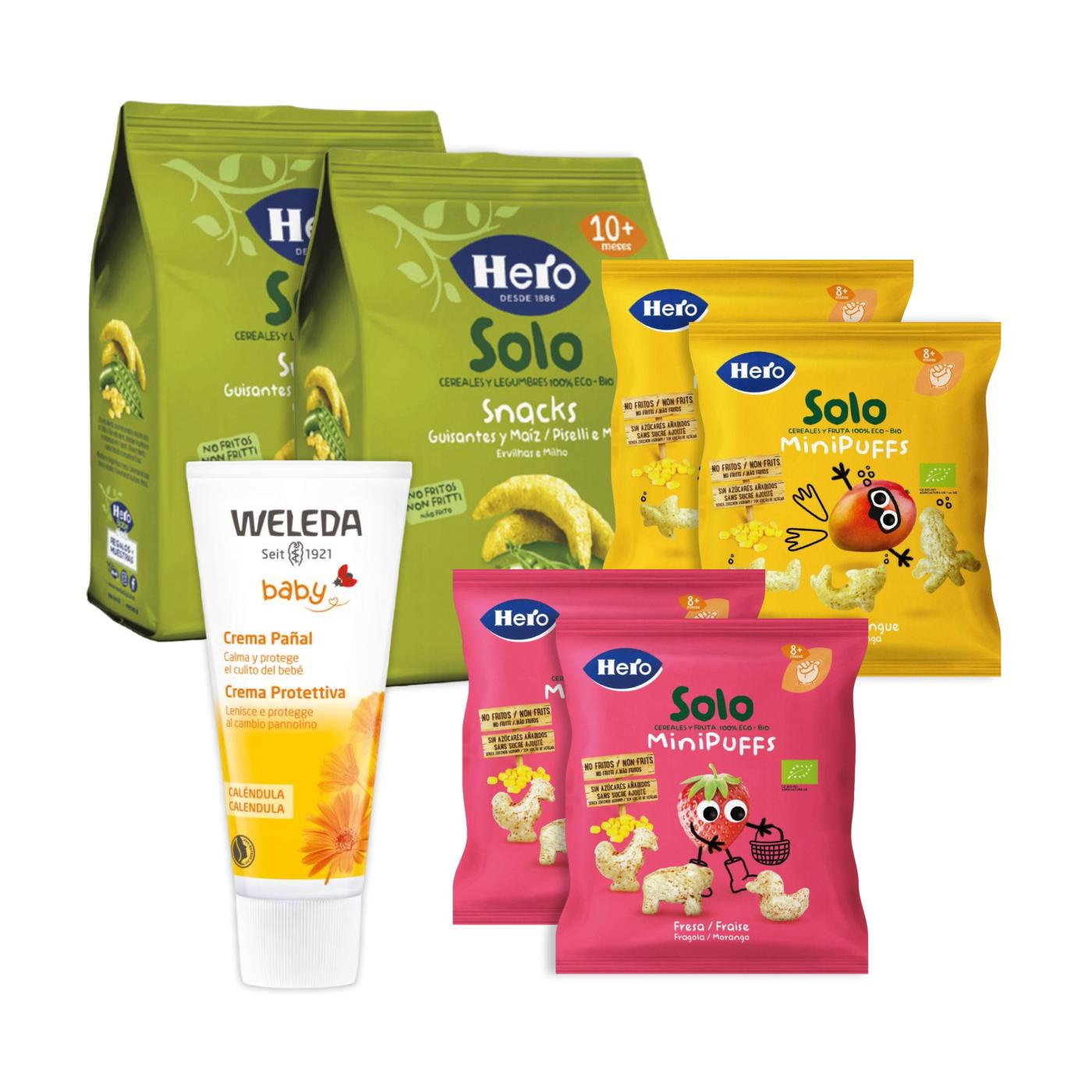 Pack of 2 Hero Mango Snacks + 2 Hero Pea and Corn Snacks + 2 Hero Strawberry Snacks + Weleda Calendula Nappy Cream