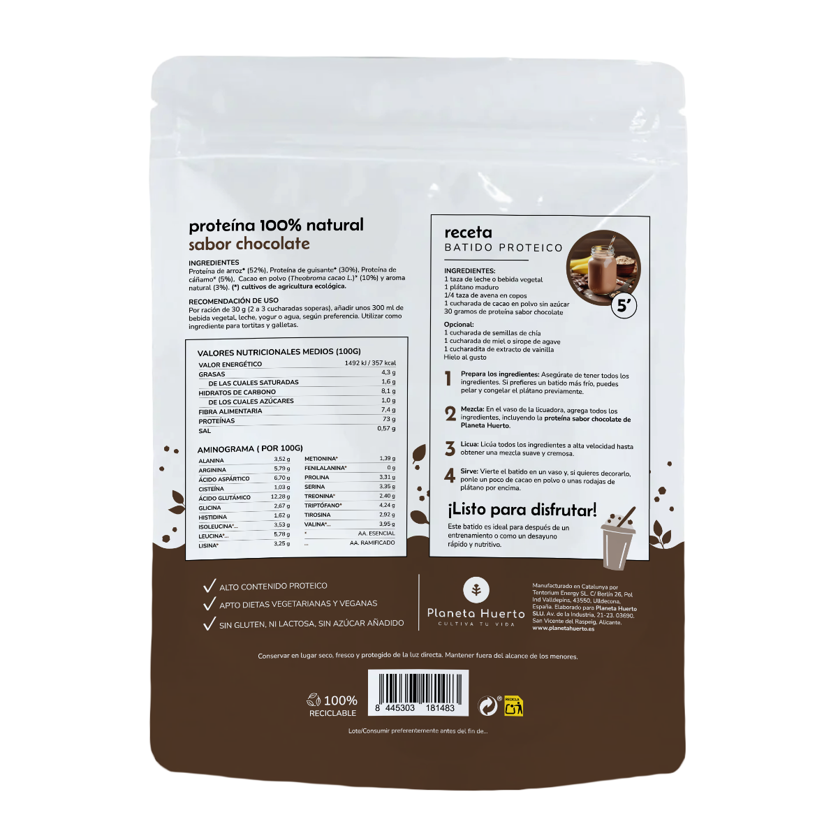 Proteine vegetali ECO 73% cioccolato Planeta Huerto 1Kg