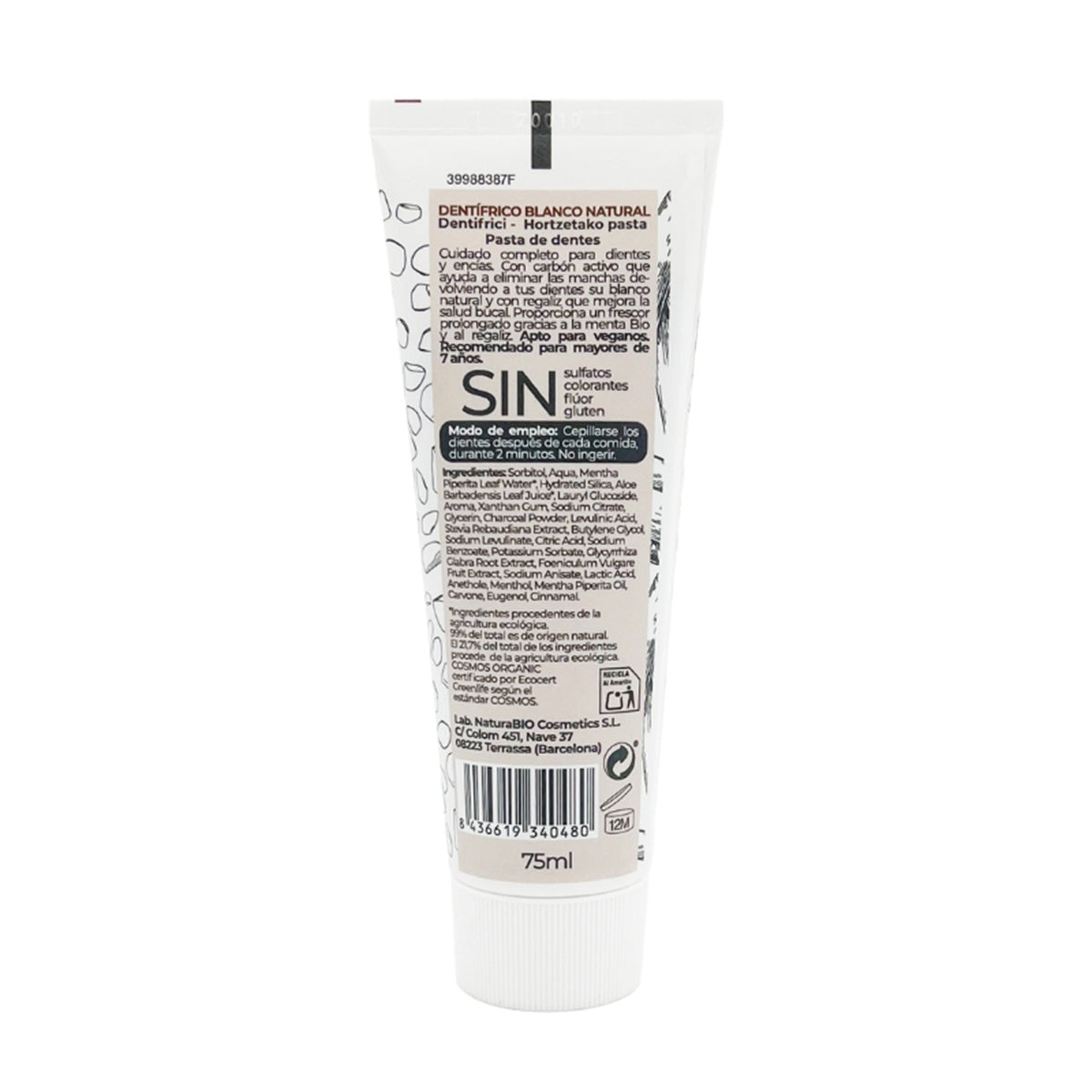 Dentifricio bianco naturale con liquirizia e carbone attivo senza fluoro, NaturaBIO Cosmetics, 75 ml