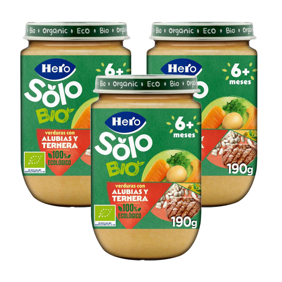 Lot de 3 petits pots de haricots et veau bio +6 mois, Hero Baby SOLO, 190 g