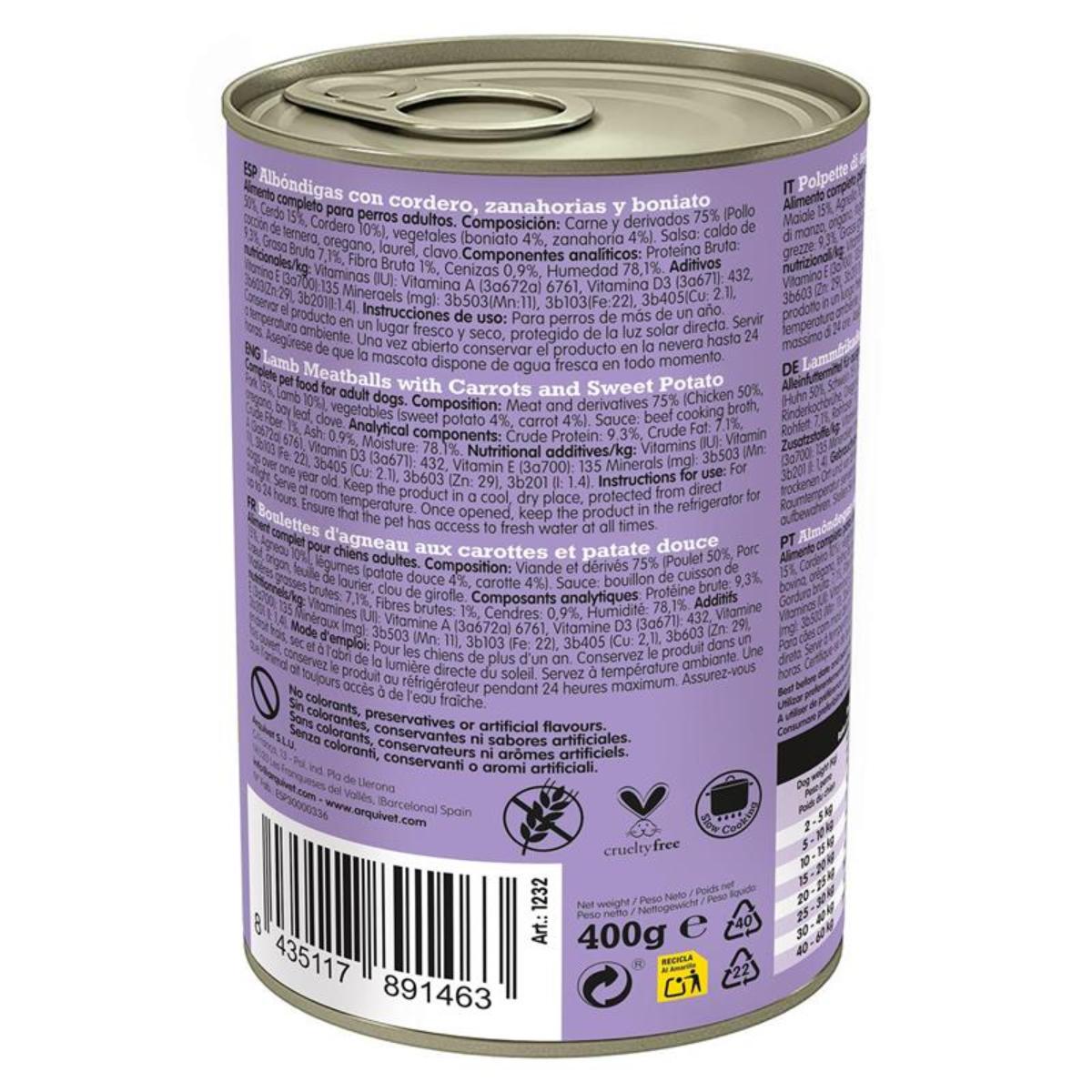 Świeże klopsiki jagnięce Arquivet 400 g Mokra karma dla psów z jagnięciną, marchewką i batatem