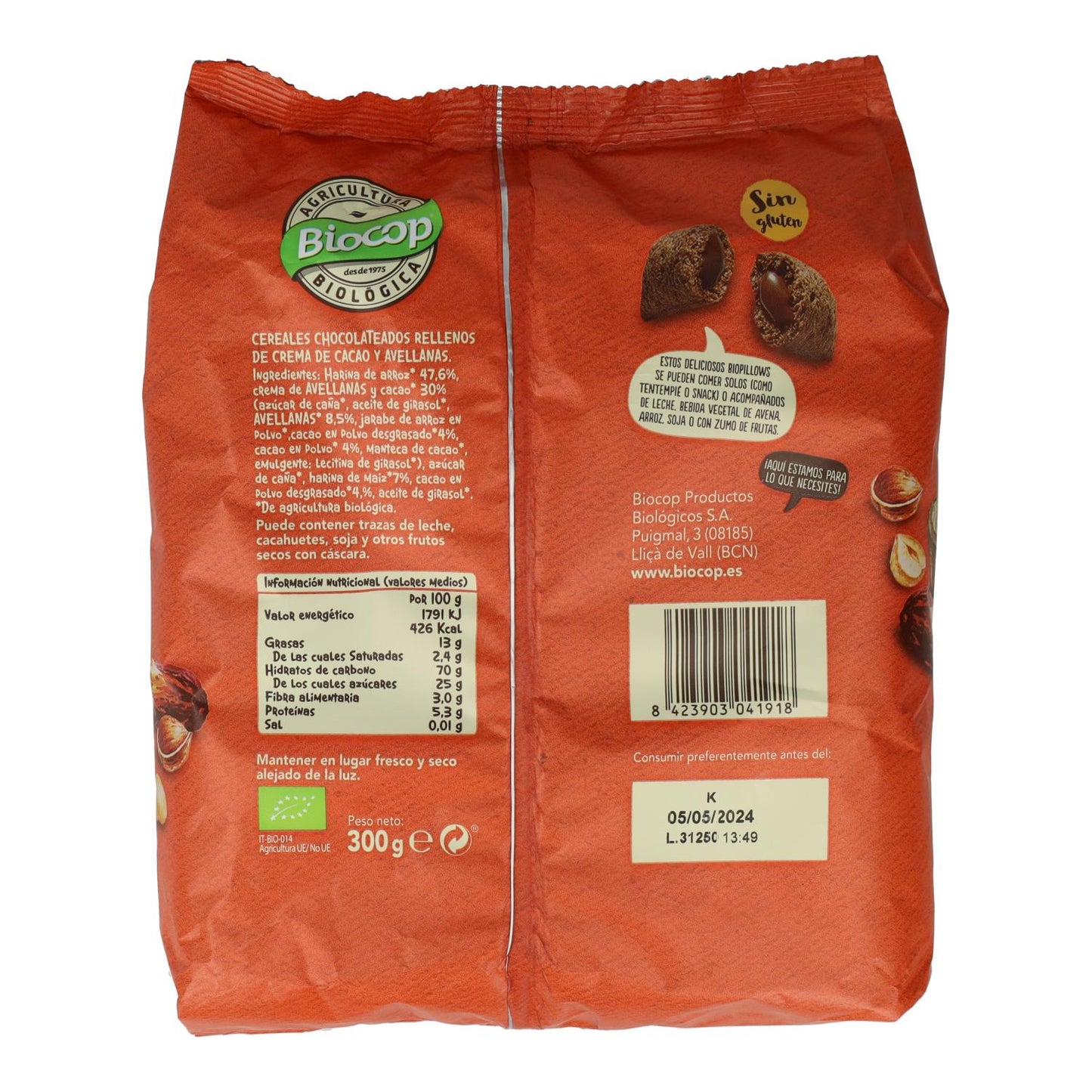Biocop gluten-free cocoa hazelnut biopillows, 300 g
