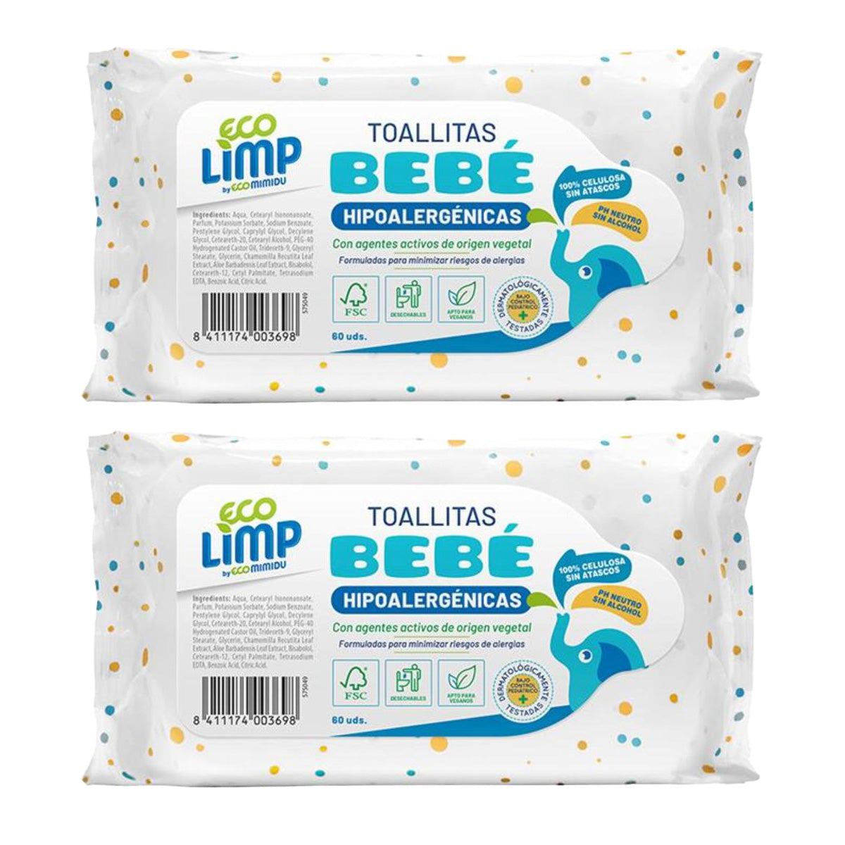 Opakowanie 2x chusteczki dla niemowląt Mimidu ECO 60 szt.