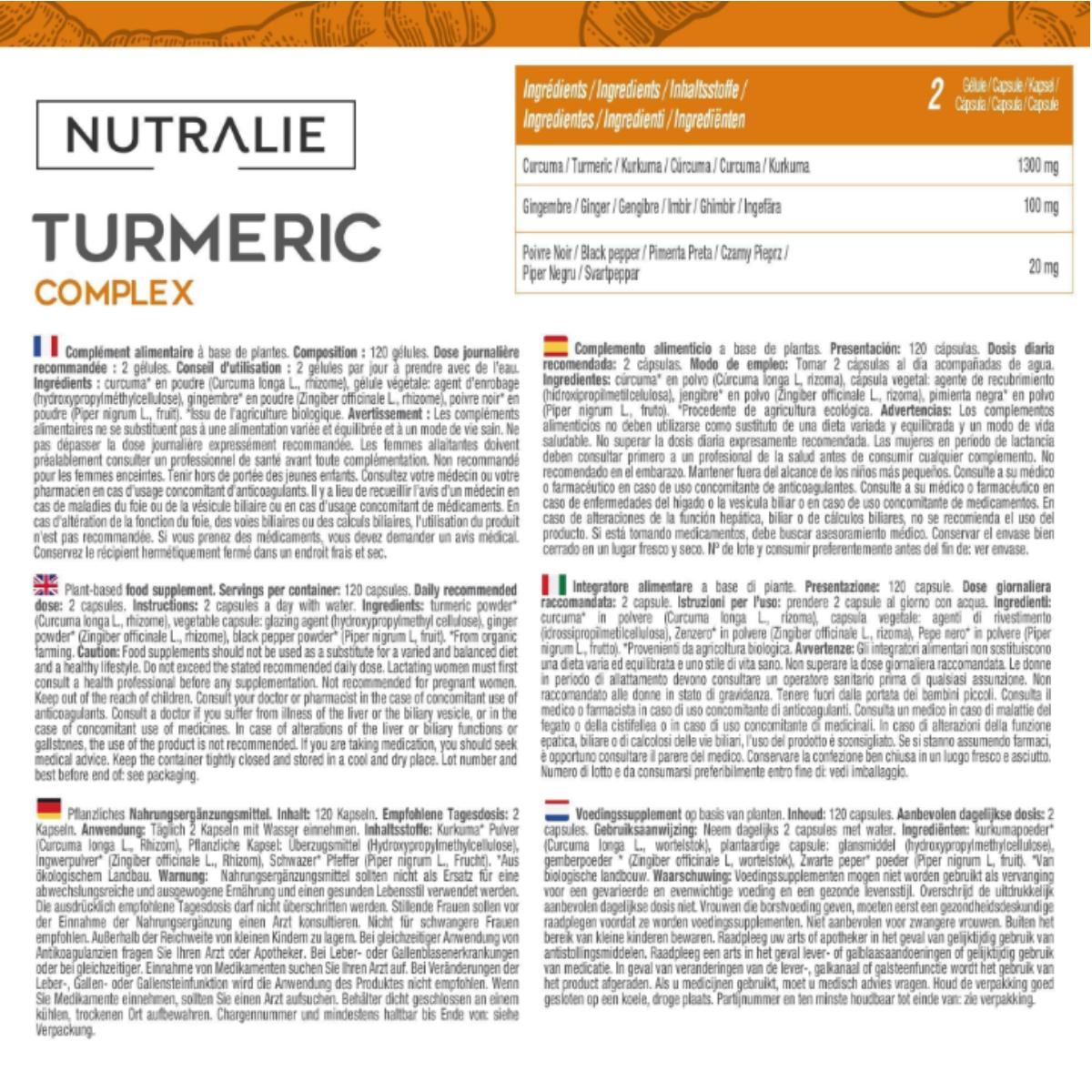 Nutralie Complexe curcuma + gingembre et poivre noir bio 120 gélules