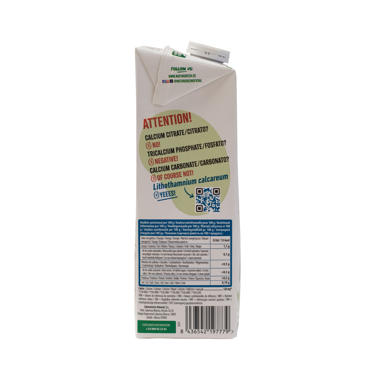 6er-Packung Zuckerfreies Mandelgetränk mit Kalzium NaturGreen 1 Liter