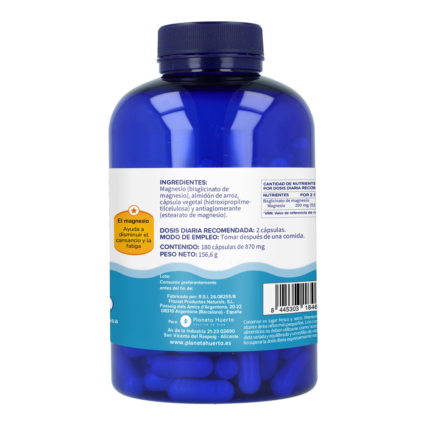 Förpackning 2xMagnesiumbisglycinat 500 mg Planeta Huerto 180 kapslar