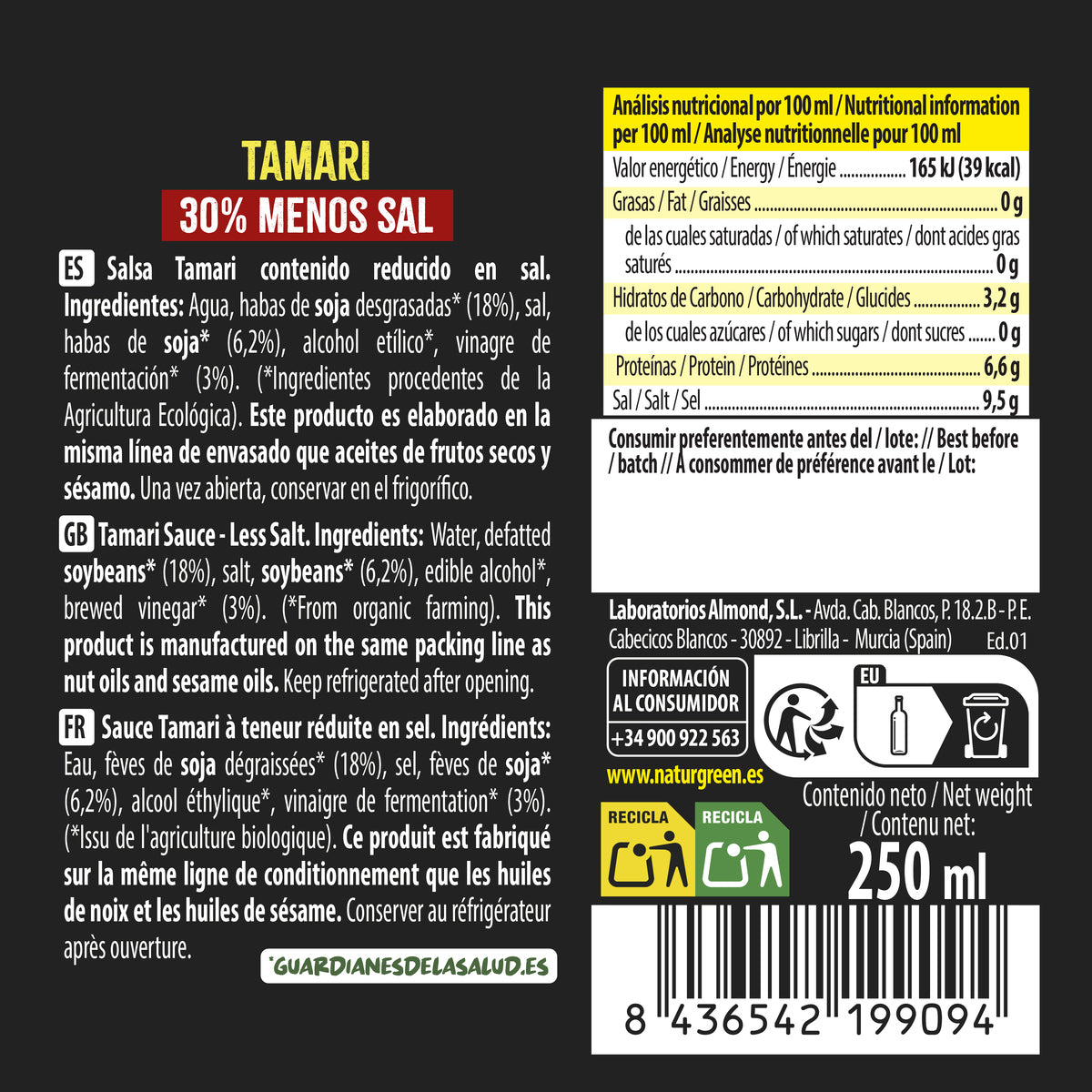 Tamari med reducerat saltinnehåll Bio NaturGreen 250 ml