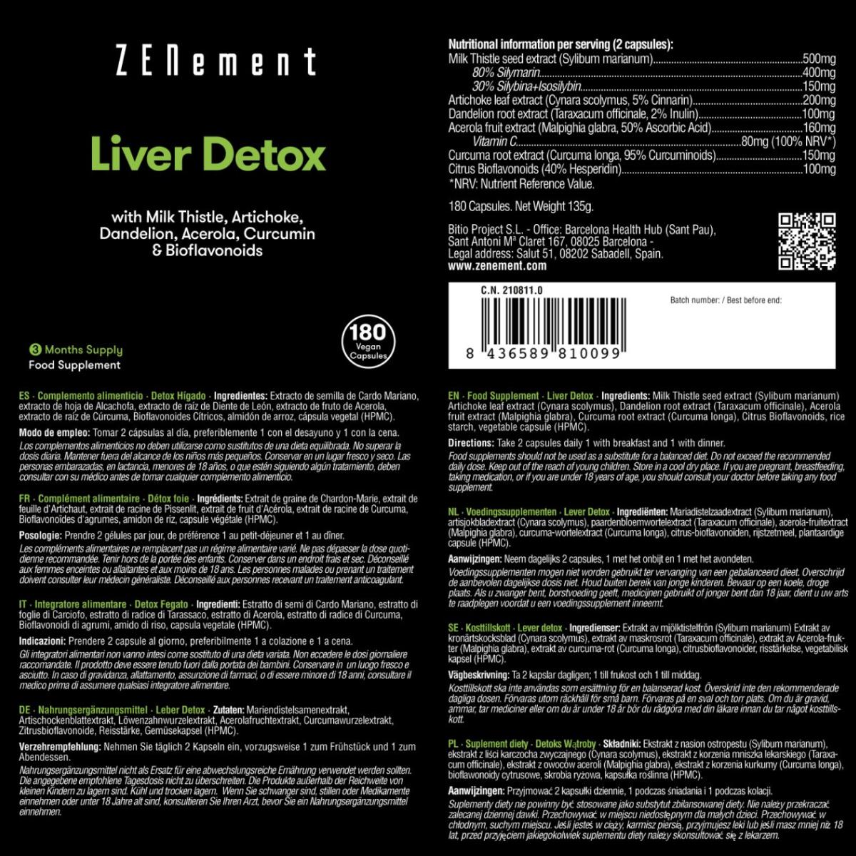 Detox fegato con cardo mariano + carciofo + tarassaco + acerola + curcuma e bioflavonoidi Zenement,  180 compresse
