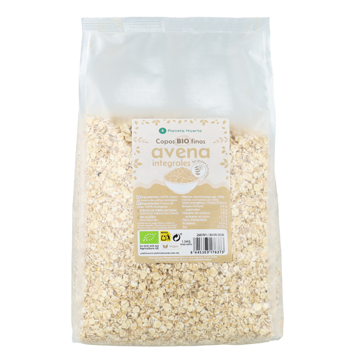 Pack 4x Flocons d'avoine fins sans gluten ECO Planeta Huerto 1,5 kg