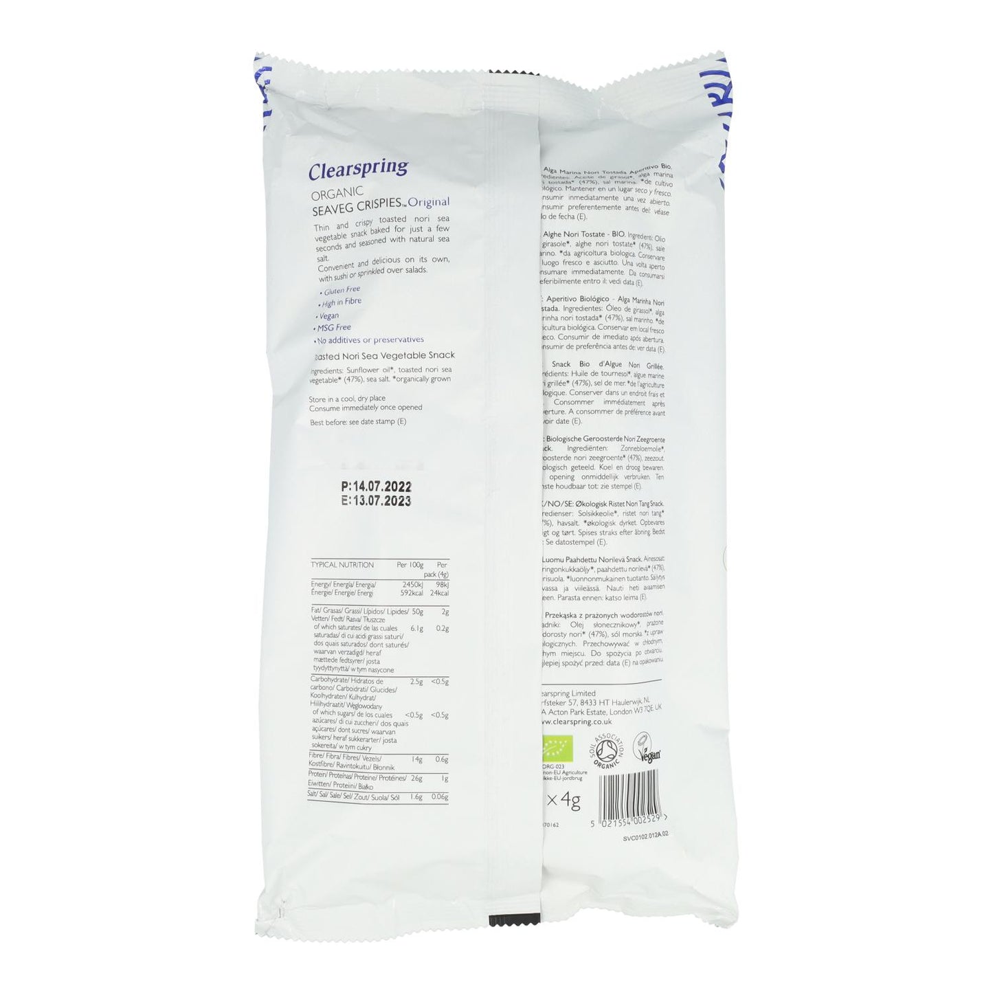 Packung mit 5 Stück BIO Snack aus gerösteten Nori-Algen BIO Clearspring 4 g